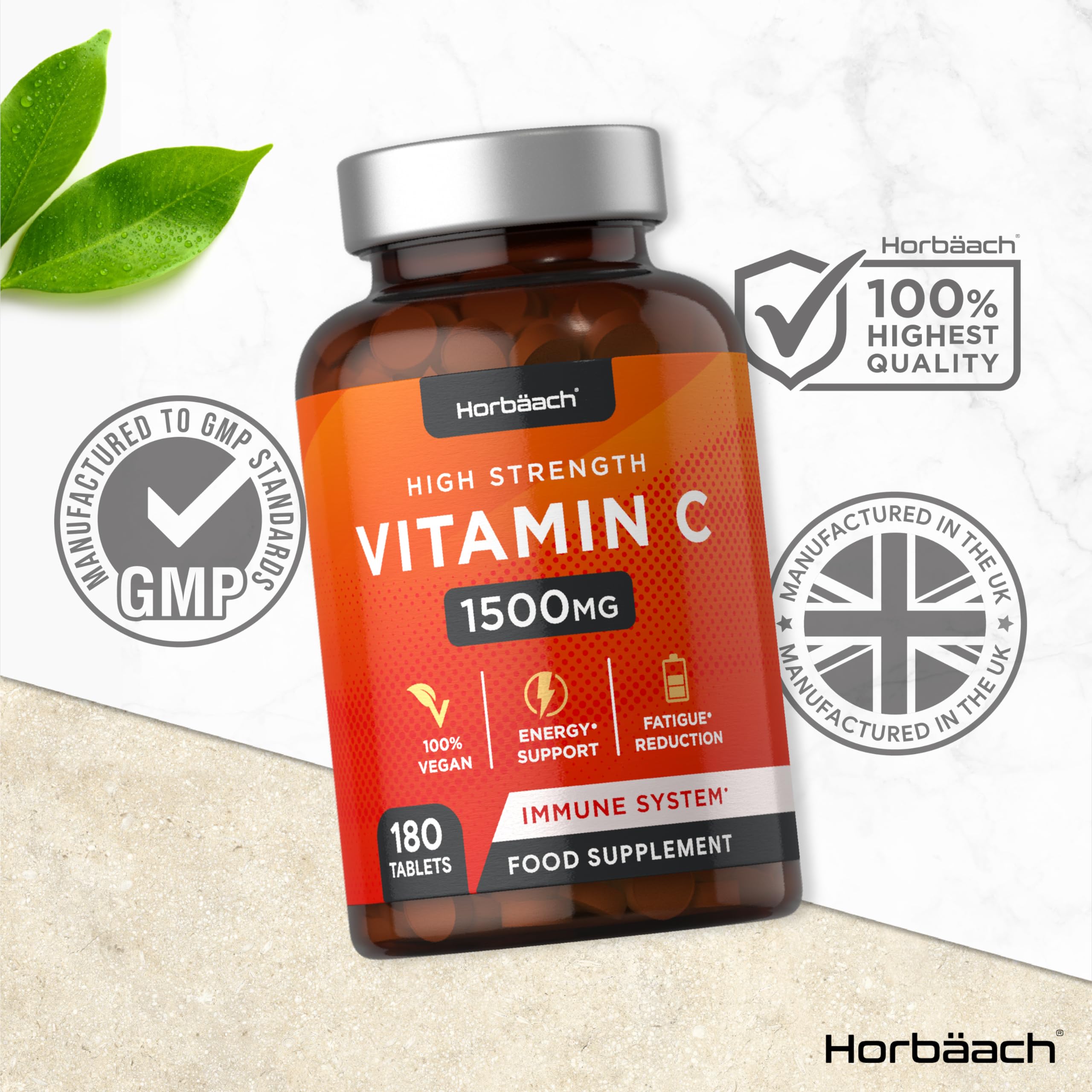 Vitamin C Tablets 1500mg | 180 Count | High Strength Vegan Supplement | No Artificial HorbäachUS supplements