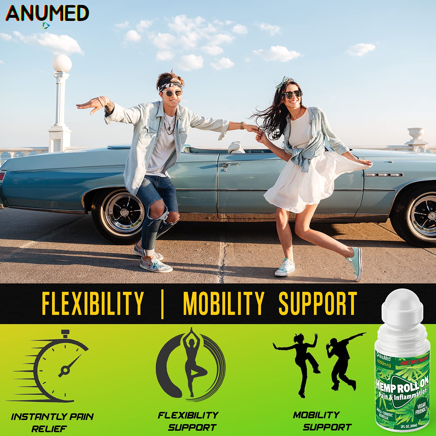 ANUMED Hemp Roll-On 4000mg Pain Relief. Fast Acting, Long Lasting, Maximum Strength with Arnica + Turmeric for Anti-Inflammatory, Natural Recovery, Joint, Muscle, Nerve Pain Reliever 2 Packs of (1oz) AnuMed InternationalAu supplements