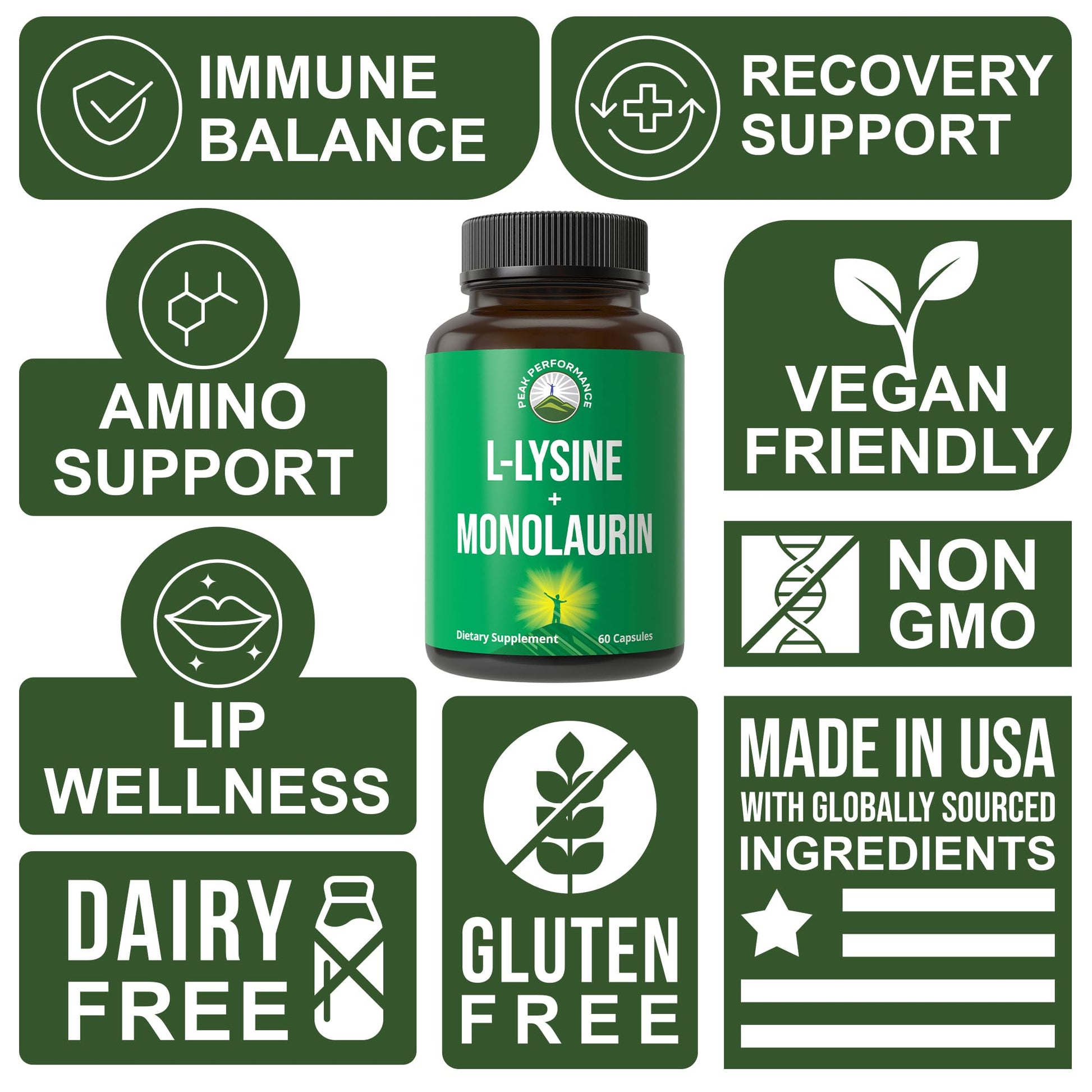 Peak Performance L Lysine 1000mg + Monolaurin 500mg Supplement for Immune Support - High Potency L-Lysine for Lips, Skin, & Health - 2-in-1 Bioavailable Supplements for Men and Women - 60 Capsules Peak PerformanceAu supplements