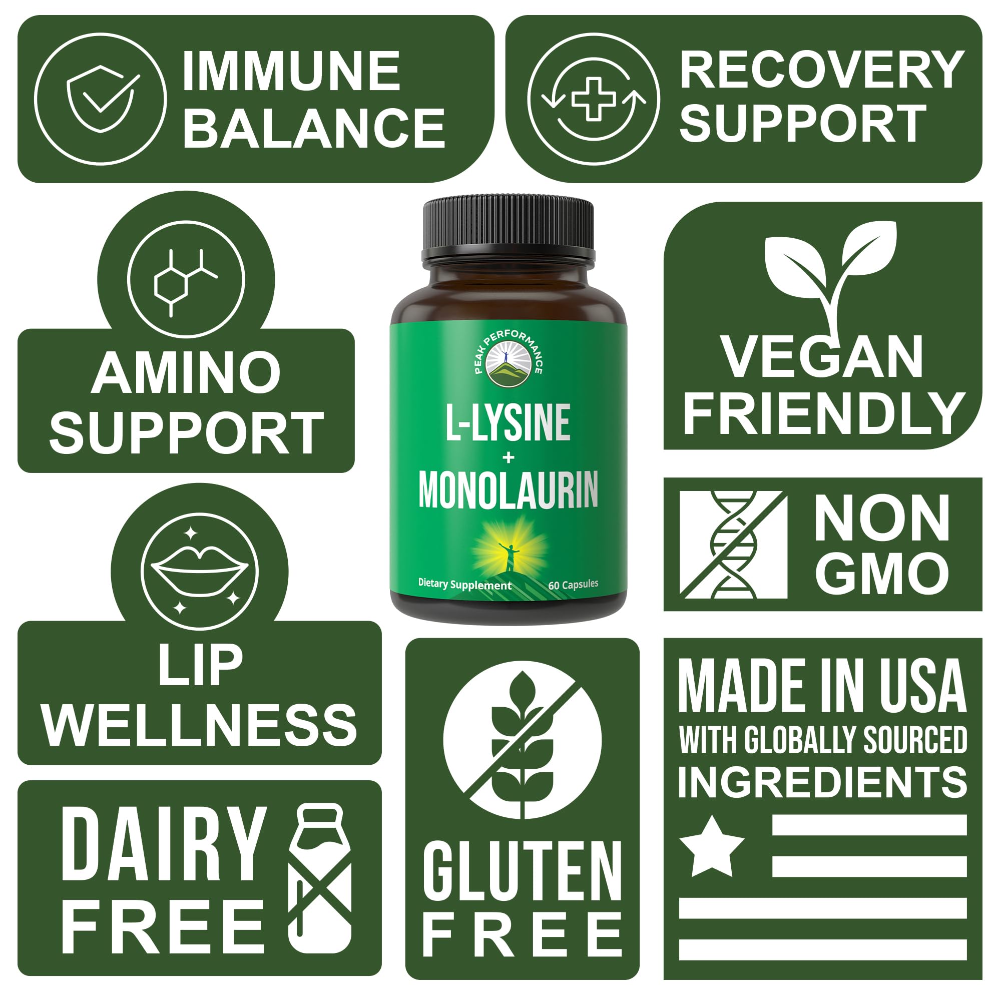 Peak Performance L Lysine 1000mg + Monolaurin 500mg Supplement for Immune Support - High Potency L-Lysine for Lips, Skin, & Health - 2-in-1 Bioavailable Supplements for Men and Women - 60 Capsules Peak PerformanceAu supplements