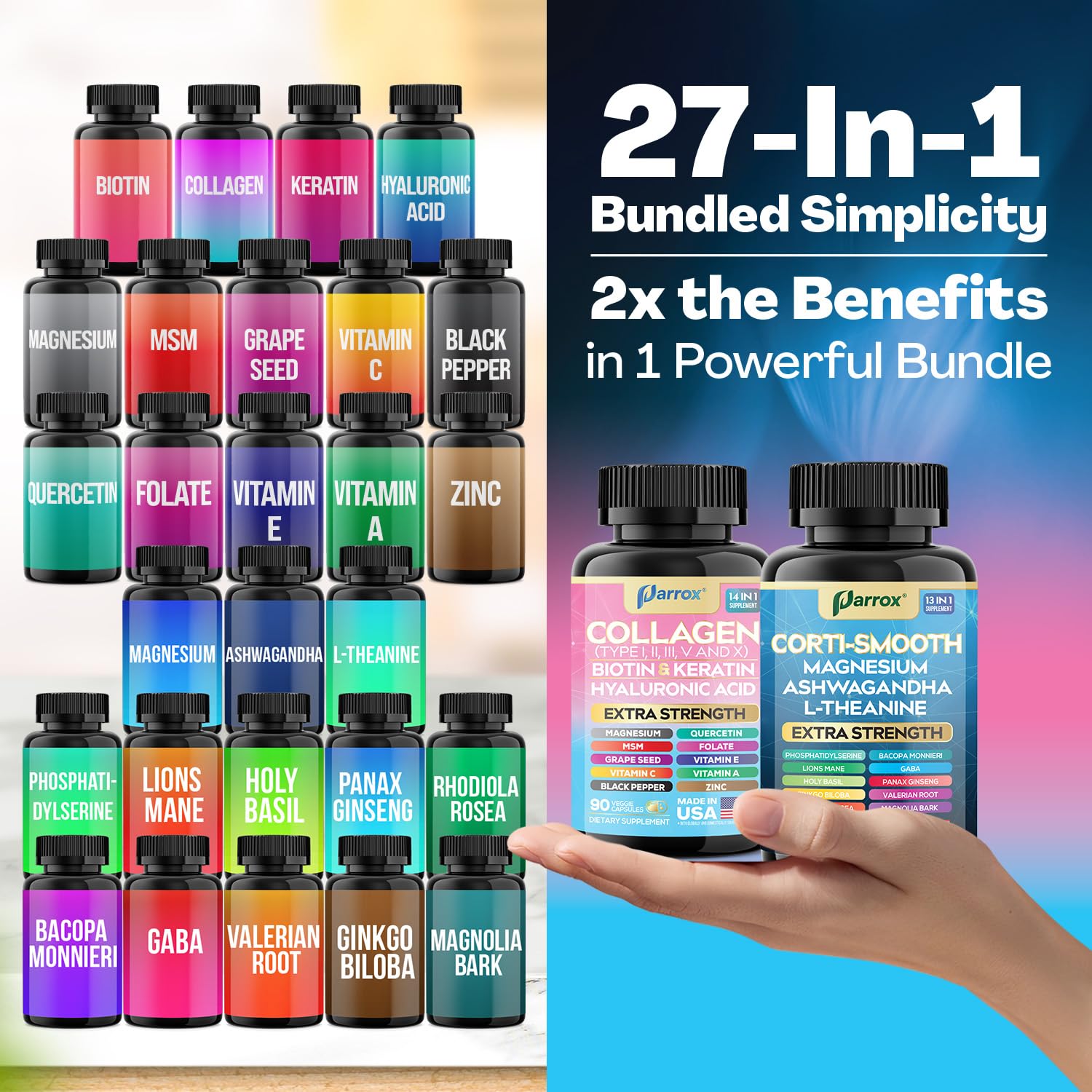 Parrox Shining Serenity Set, Cortisol Support with Ashwagandha, L-Theanine, Magnesium, Lions Mane, GABA, Bacopa Monnieri, Collagen I, II, III, V, X, Folate, Biotin, Keratin, Hyaluronic Acid, Quercetin ParroxAu supplements