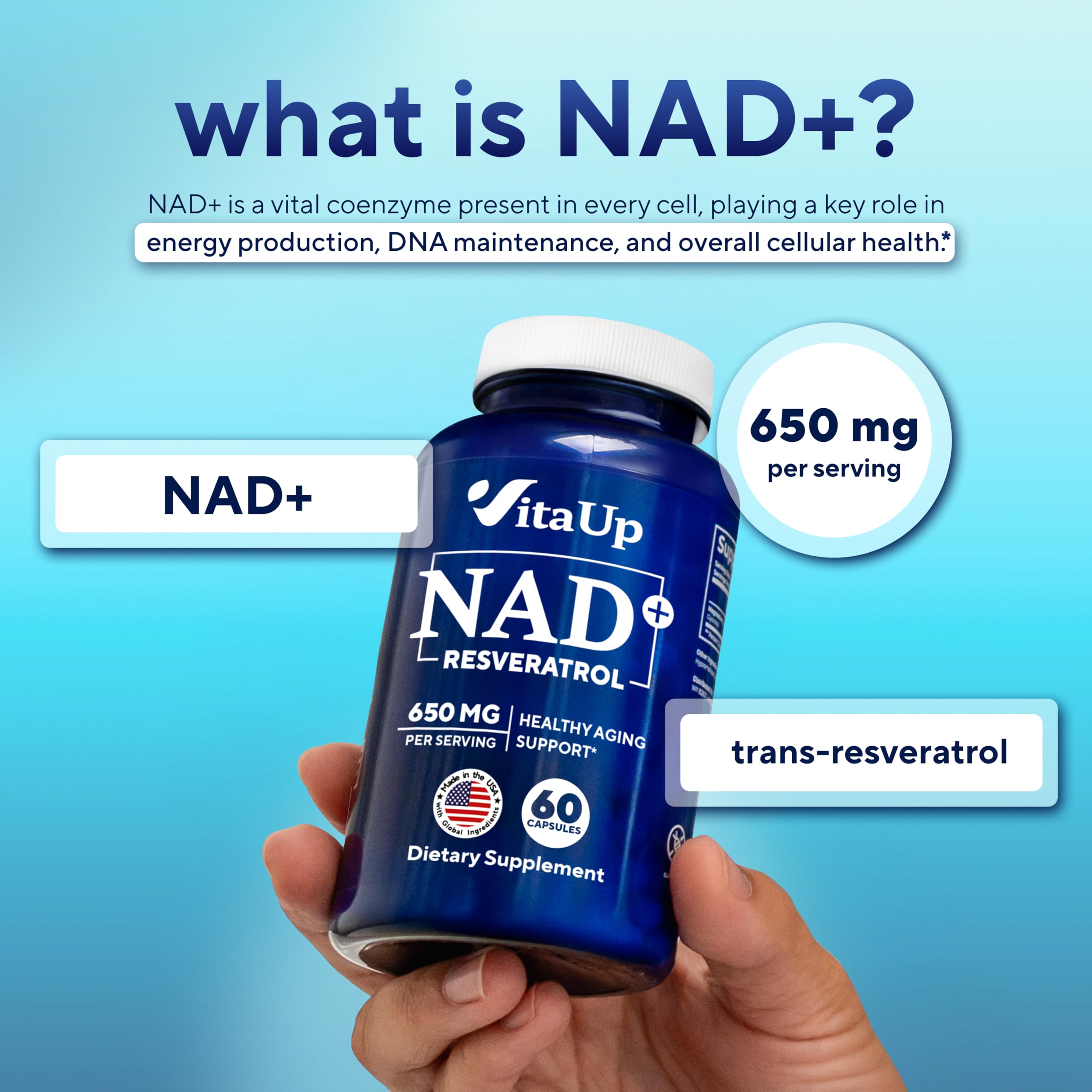 VitaUp NAD+ Resveratrol Supplement - USA Made Trans Resveratrol NAD Supplement 650mg - Nicotinamide Adenine Dinucleotide Capsules for Healthy Aging, Energy & Focus Support - 60 Count VitaUpAu supplements