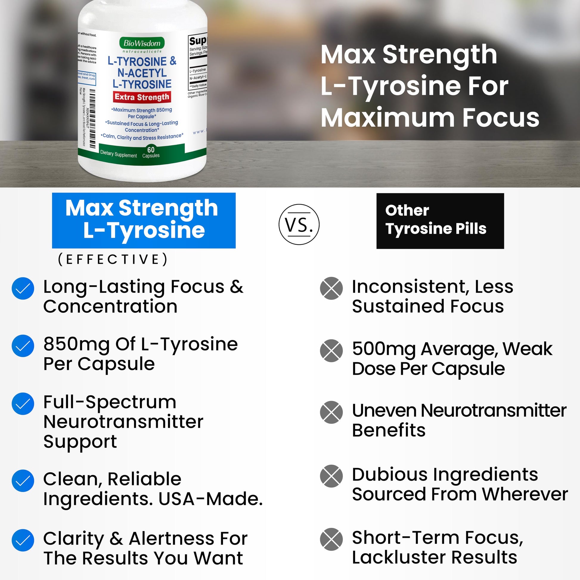 Max Strength L Tyrosine Supplement & N Acetyl L Tyrosine Peak Focus, Alertness, Concentration, Body & Mind Energy. L-Tyrosine 850mg Per 1 Capsule. A Well-Being Nutrient Boost For Performance BioWisdom NutraceuticalsAu supplements
