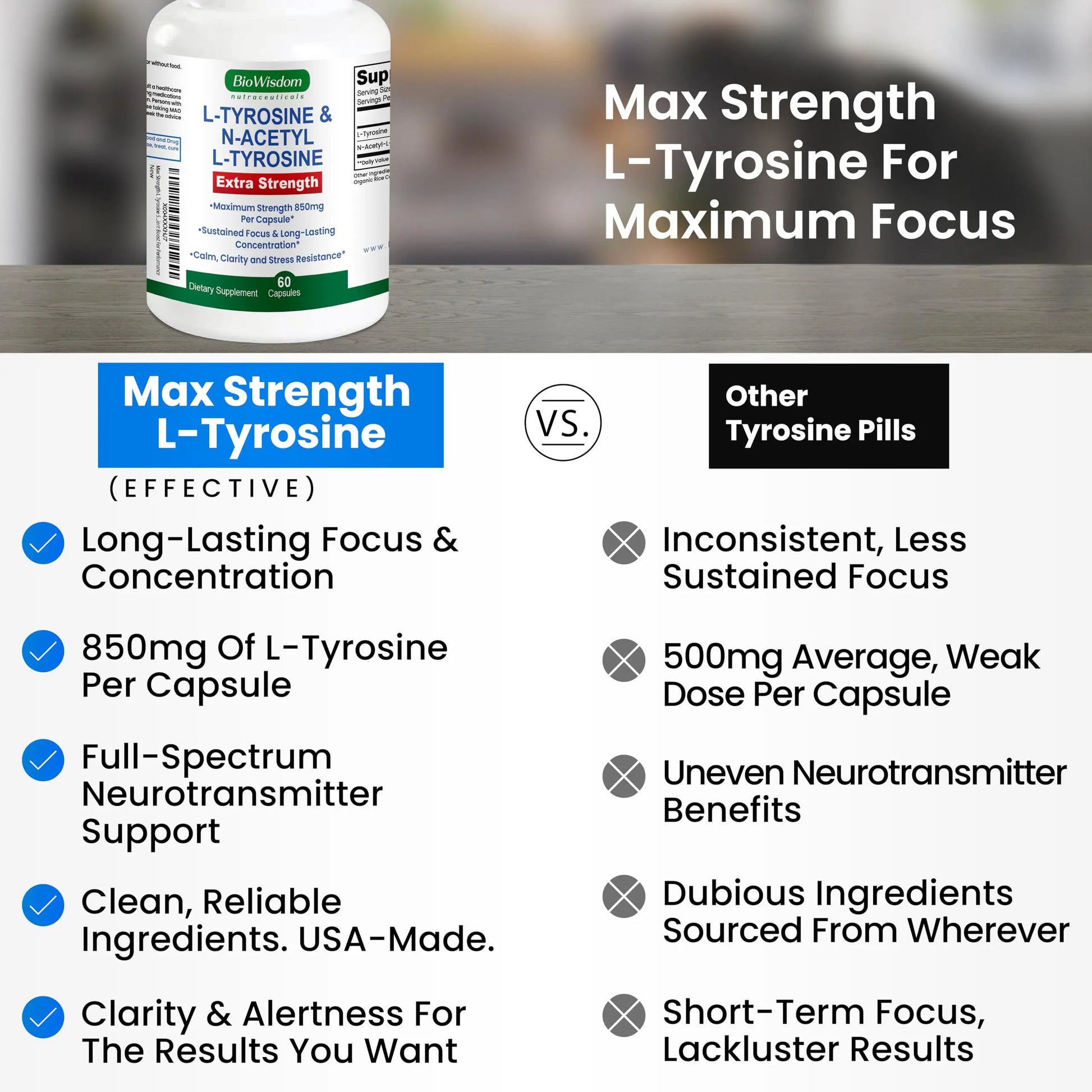 Max Strength L Tyrosine Supplement & N Acetyl L Tyrosine Peak Focus, Alertness, Concentration, Body & Mind Energy. L-Tyrosine 850mg Per 1 Capsule. A Well-Being Nutrient Boost For Performance BioWisdom NutraceuticalsAu supplements