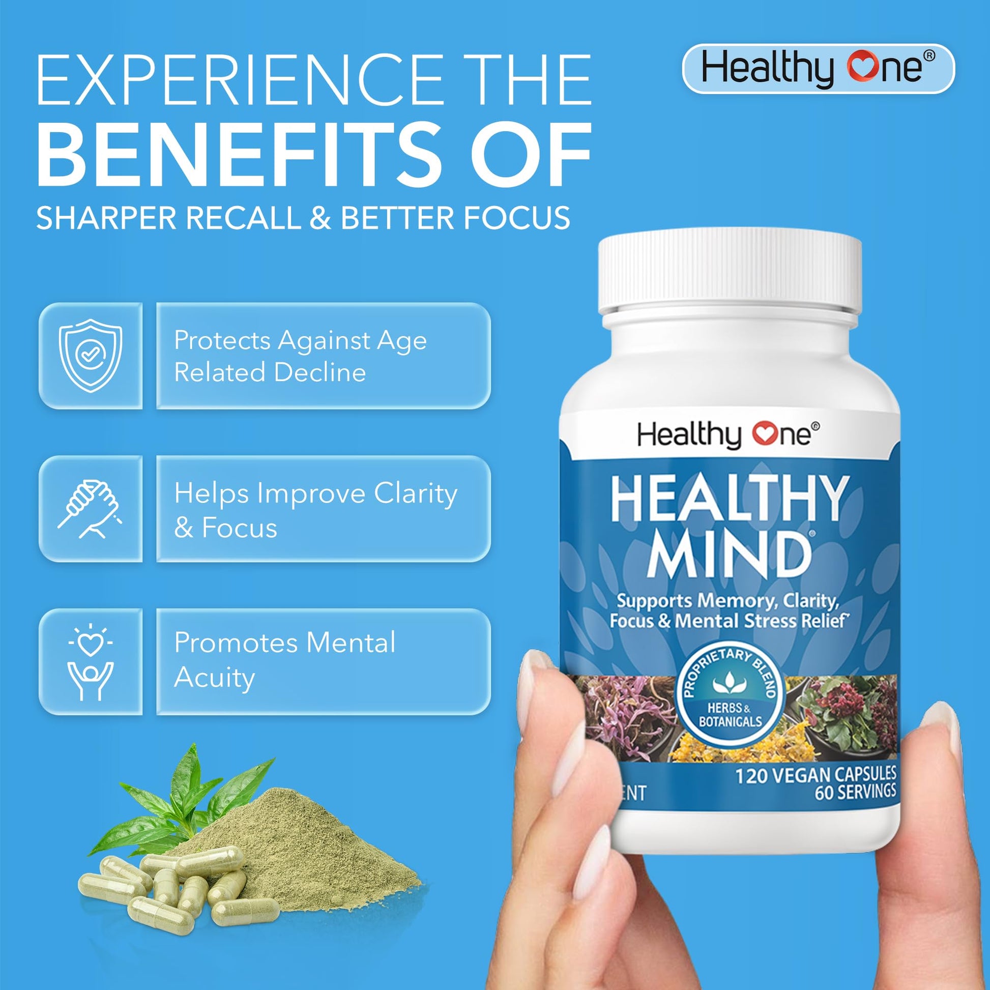 Healthy Mind - Safe for Teens - Brain Fog - Cognitive Function - Concentration - Focus - Neural Optimization - Mood - Ginkgo Biloba - Ginseng - Rhodiola - Bacopa - Gotu Kola - Green Tea - 60 Count Healthy OneAu supplements