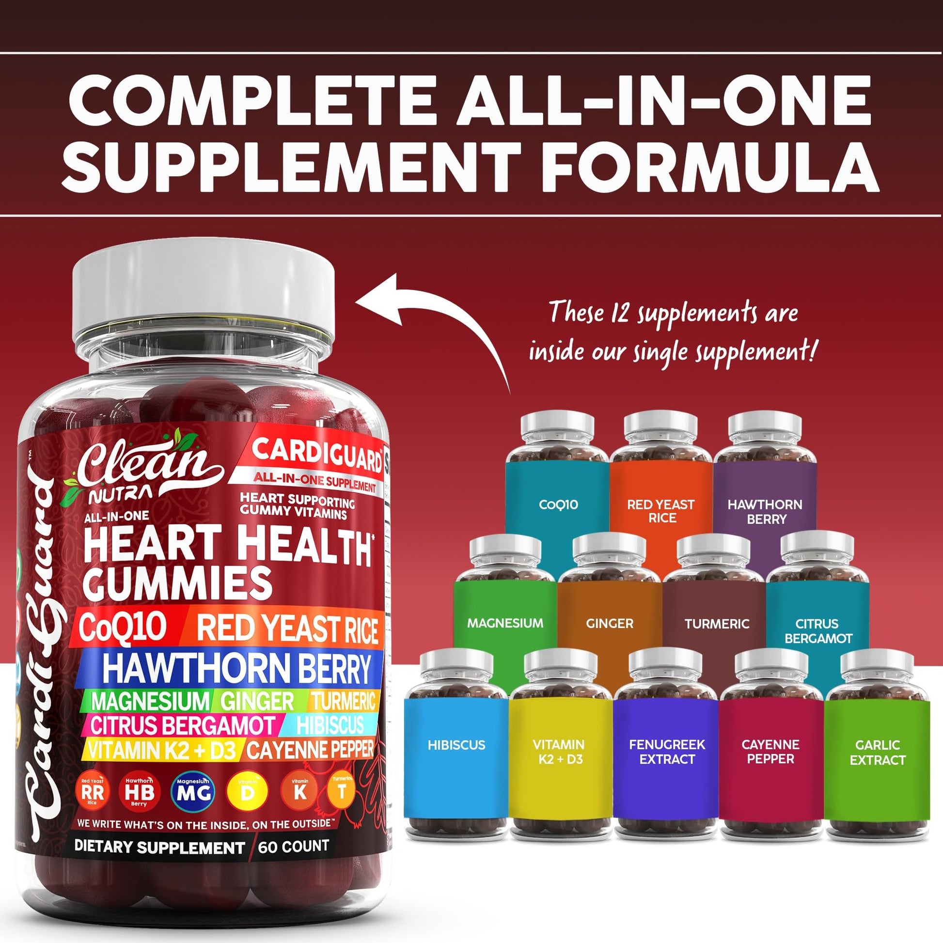Clean Nutraceuticals Coq10 Gummies | Red Yeast Rice Hawthorn Berry Ginger Turmeric Citrus Bergamot Hibiscus Vitamin K2+D3 Magnesium Glycinate Cayenne Pepper Fenugreek Orange Flavor CardiGuard Clean NutraceuticalsAu supplements