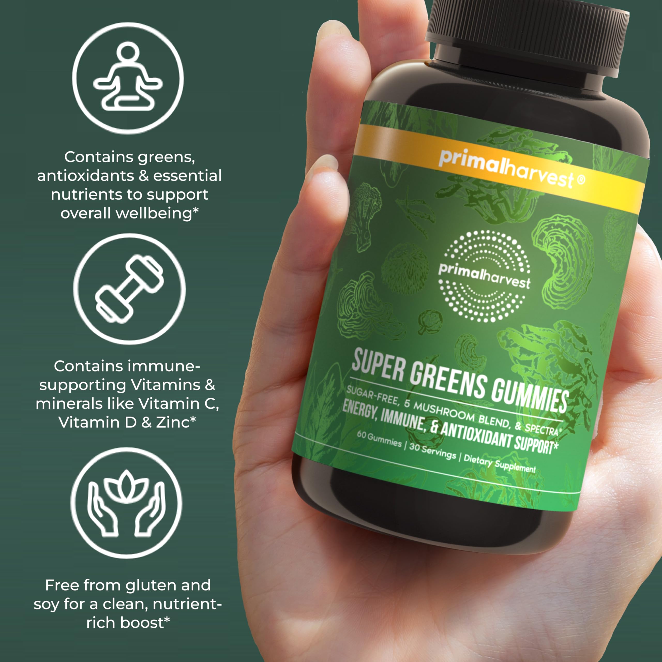 Primal Harvest Super Greens Gummies, Superfood Blend with Adaptogenic Mushrooms Vitamins & Nutrient-Rich Minerals & Antioxidants for Energy & Immune Support 1 Pack 60 Count, Primal HarvestAu supplements