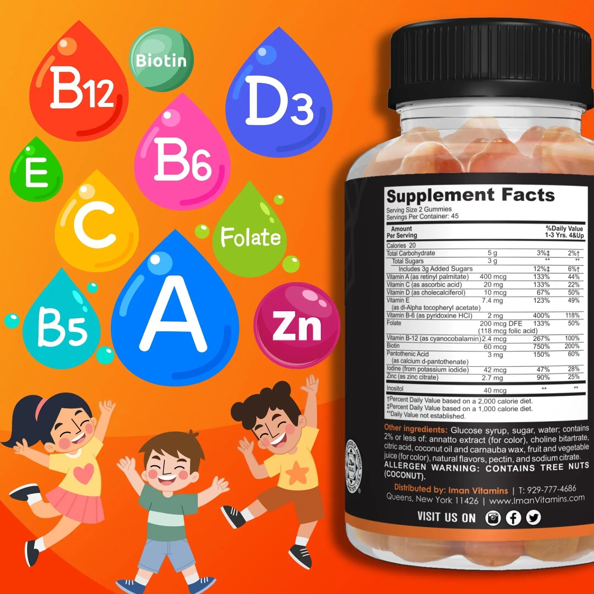 Iman Vitamins Halal Kids Multivitamin Gummies | Vitamin C, D, Zinc, A, E, B6, B12, Biotin, Folate, Inositol | Strengthen Metabolism, Bones & Immunity | Iman VitaminsAu supplements