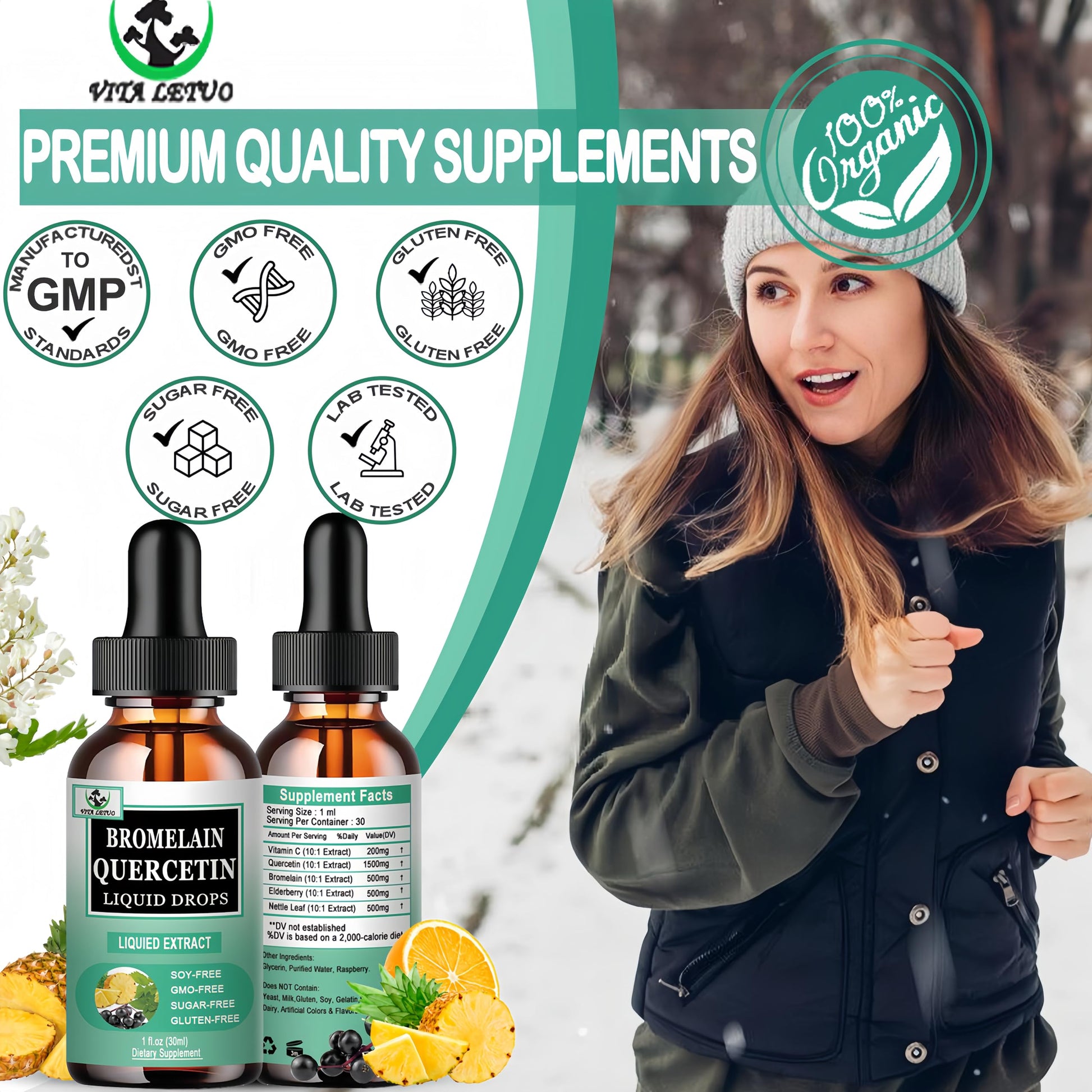 Quercetin Liquid Drops, Quercetin with Bromelain Elderberry Nettle Leaf Vitamin C Liquid Supplements, High Absorption Quercetin Liquid Drops for Women Men, Healthy Immune Antioxidant Support, Non-GMO Vita letuoAu supplements