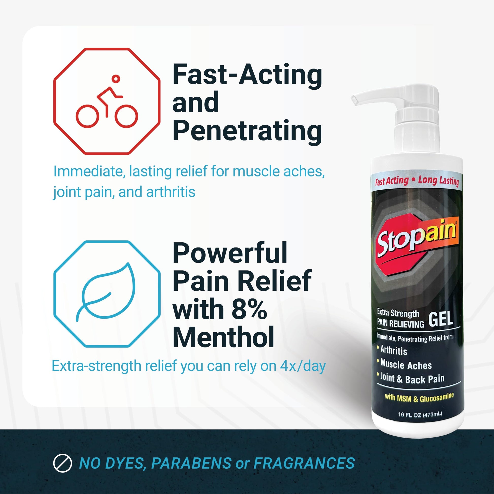 Stopain Pain Relief Gel 16oz, USA Made, Max Strength Fast Acting with Menthol, MSM, Glucosamine for Joint Pain, Back Pain, Arthritis, Knee, Neck Pain, HSA FSA Approved OTC Topical Analgesic Product StopainAu supplements
