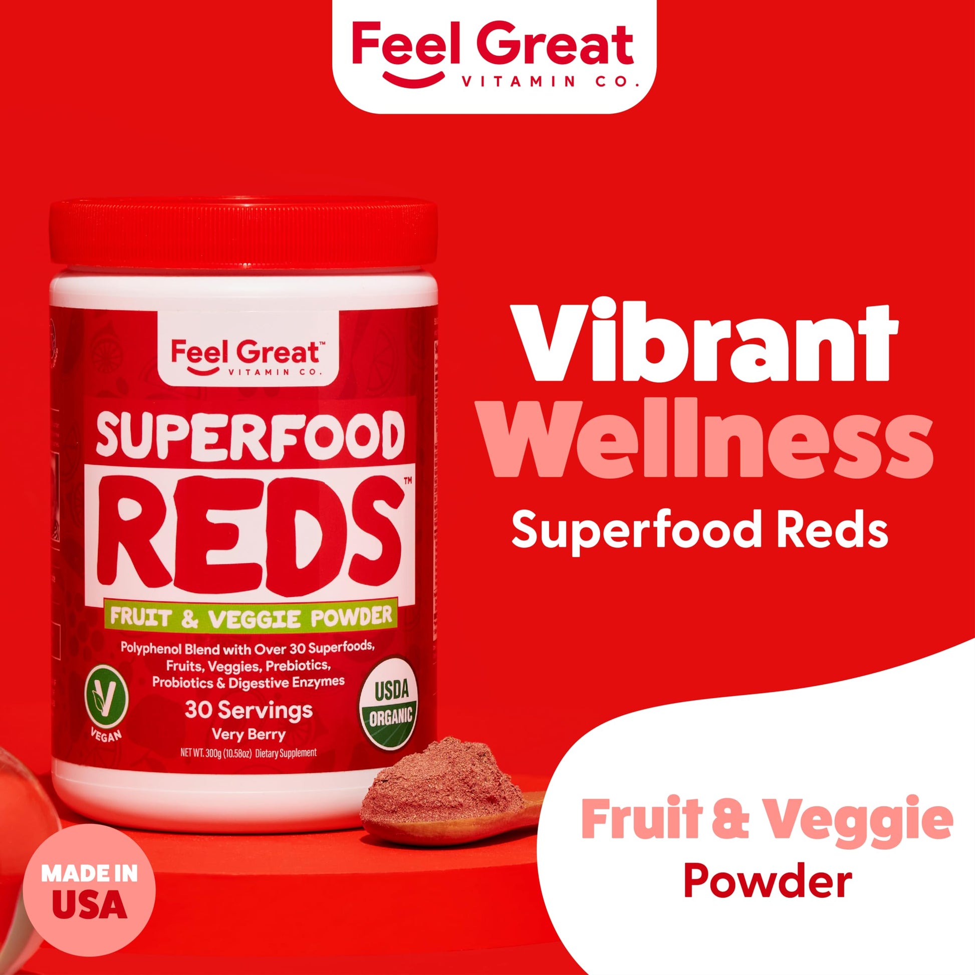 Feel Great Organic Superfood Reds Powder Packed with Beet Root Powder | Digestive Support Including Bloating Relief | Fruit and Veggie Polyphenols Supplement. The Feel Great Vitamin CompanyAu supplements