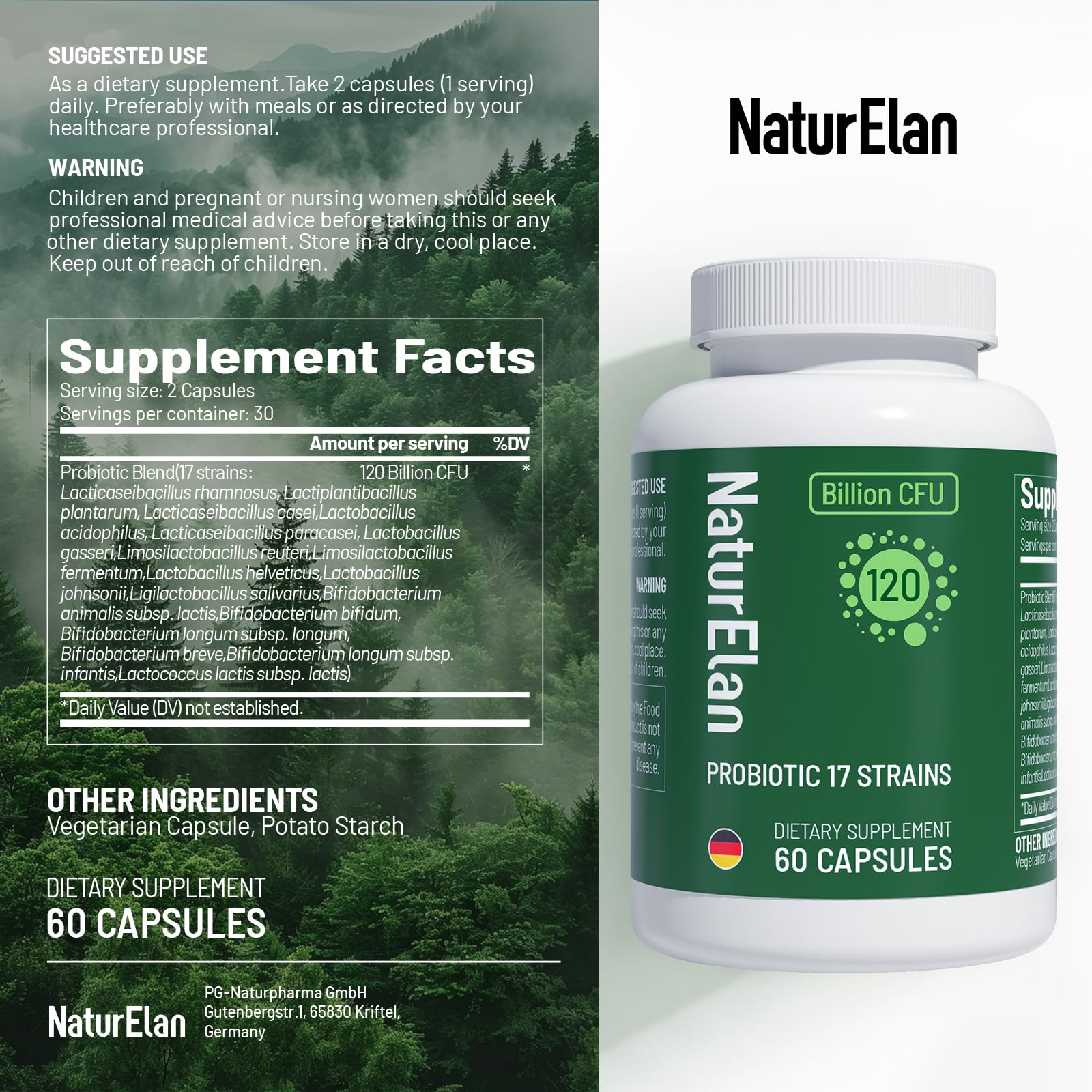 Probiotics for Women & Men - 120 Billion CFU, 17 Powerful Strains for Gut Health, Immunity & Fast Bloating Relief, Third - Party Tested, Non-GMO & Vegan Probiotics Formula for Digestive Health, 60 CT NaturElanAu supplements