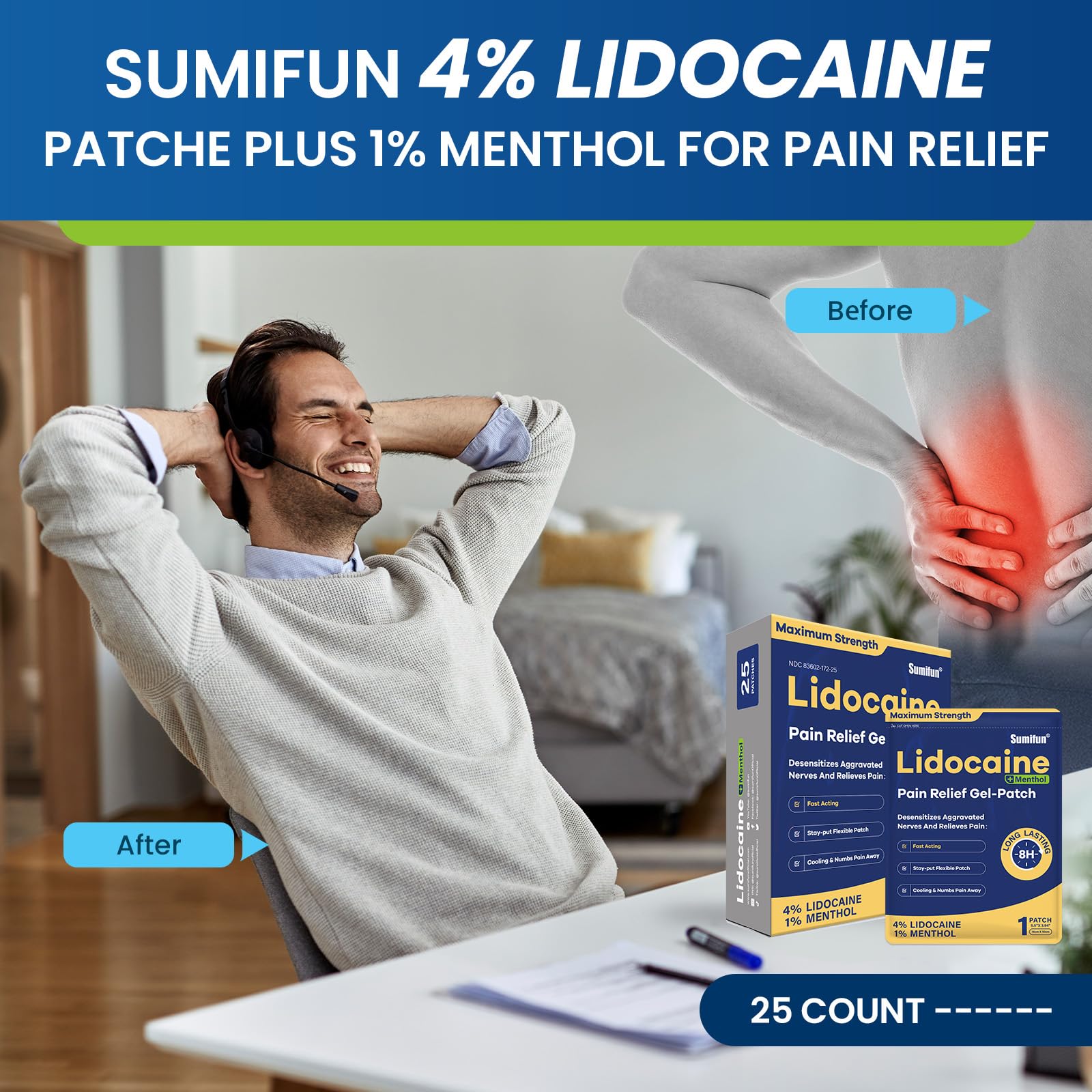 Sumifun Lidocaine Pain Relief Patches - Fast, Targeted Therapy Simple Backache, Soreness, Sprain, Joint Pain with Maximum Strength 4% Lidocaine and 1% Menthol (Large, Count, 25) SumifunAu supplements