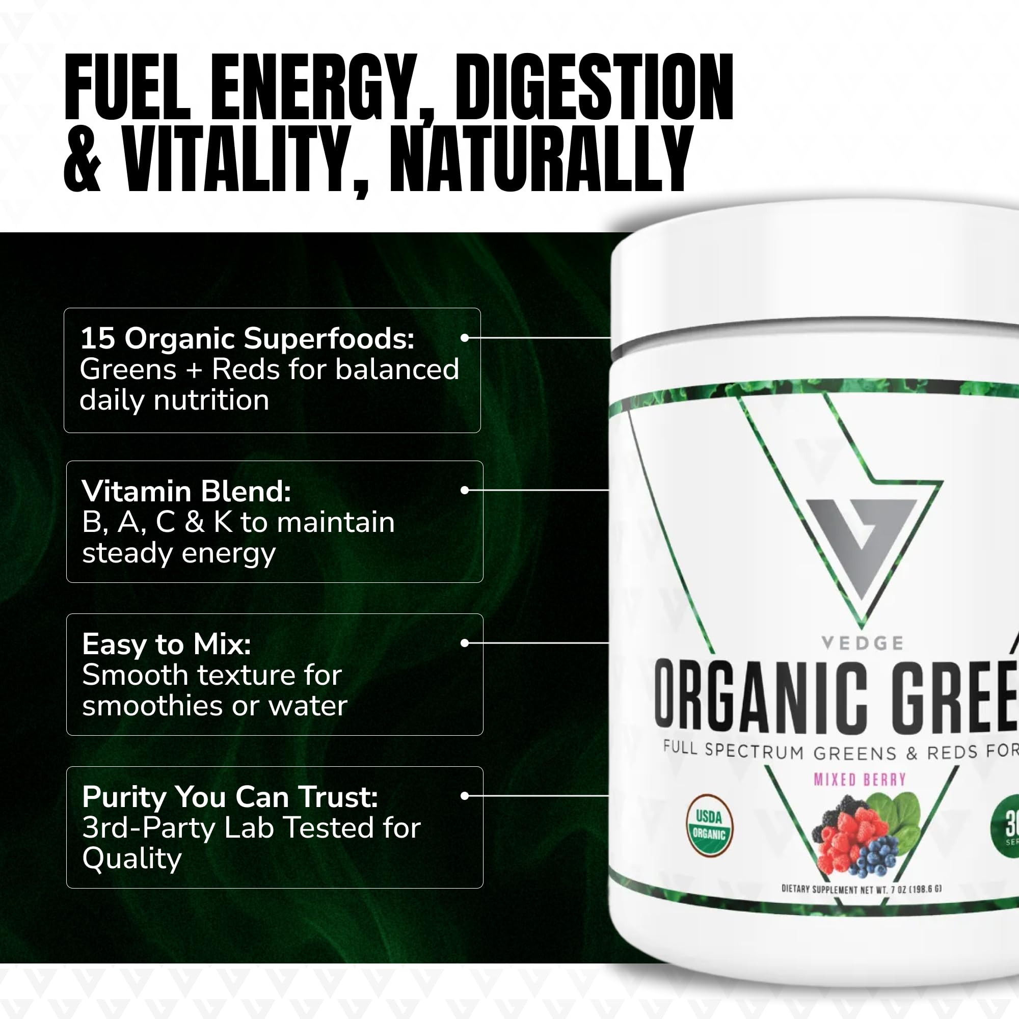 VEDGE Nutrition Organic Greens - Vegan Plant-Based Greens Superfood Powder - Drink Mix for Energy, Antioxidants & Recovery - Full Spectrum Greens for Athletes - 30 Servings - Mixed Berry Flavor VEDGEAu supplements