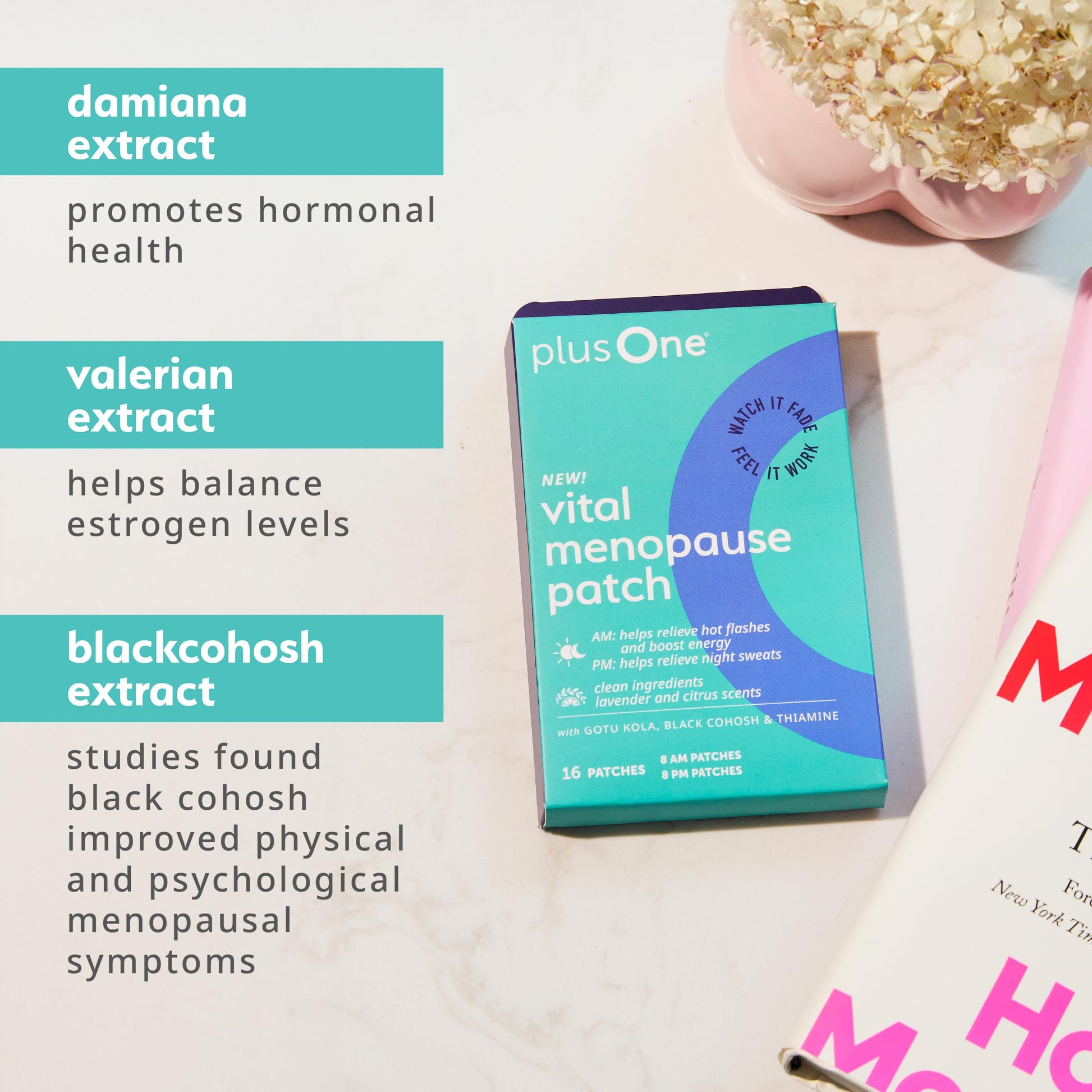plusOne Vital Menopause Patches AM & PM – Hot Flash & Night Sweat Support – Promotes Energy & Sleep – Herbal Arjuna Daily Patches – 16ct plusOneAu supplements
