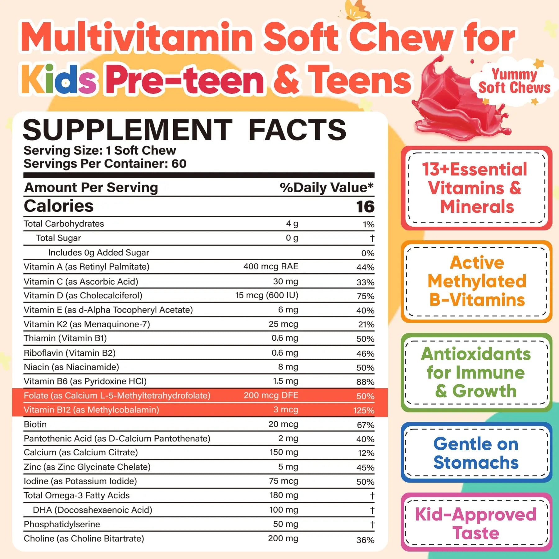 Methylated Multivitamin for Kids Pre-Teen Teens Gummies, Vitamin w/ Omega-3(DHA), Choline, Calcium, D3 K2, Methylfolate & B12 NEVISSAu supplements