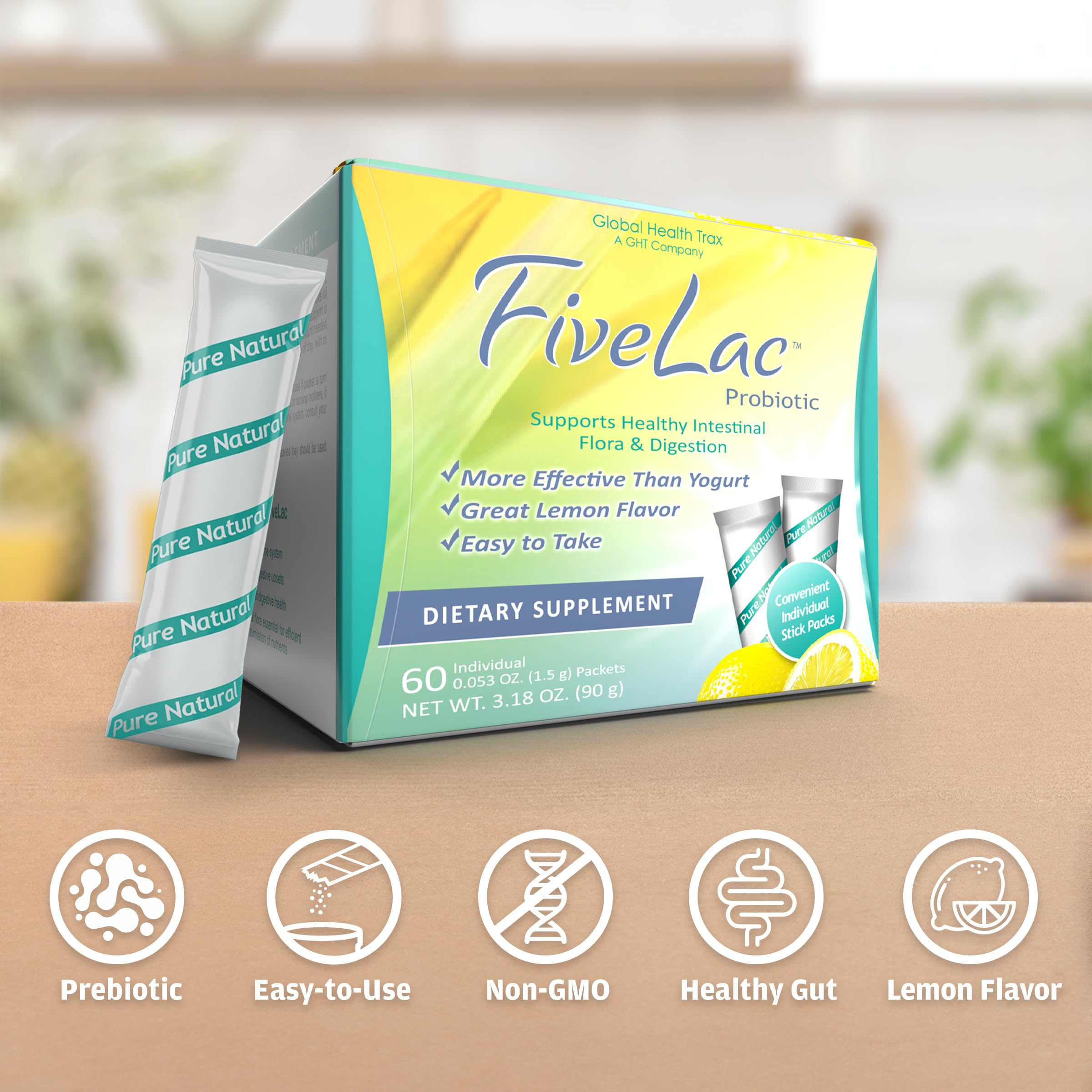 GHT - FiveLac Lemon Probiotic Powder Drink Mix, Probiotics for Women, Men, and Kids - Smooth Digestive Support and Elimination - Relieves Occasional Constipation and Gas - 60 Packets (3 Pack) Non-GMO ght Global Health TraxAu supplements