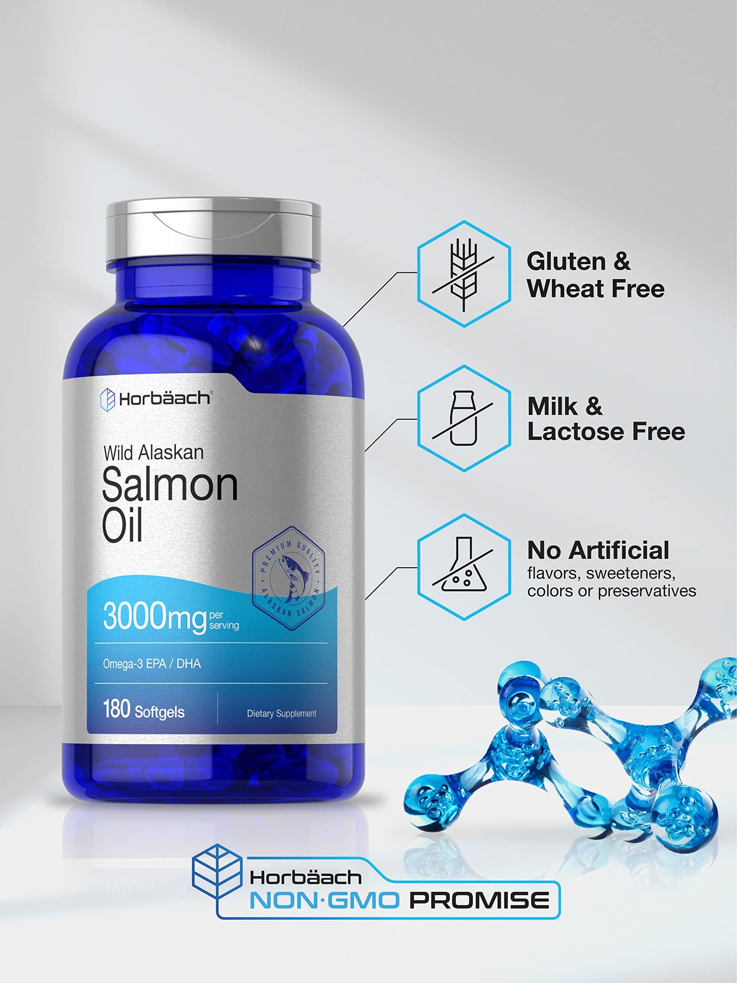 Wild Alaskan Salmon Fish Oil | 180 Softgel Capsules | Gluten Free, Non-GMO | High Potency HorbäachUS supplements