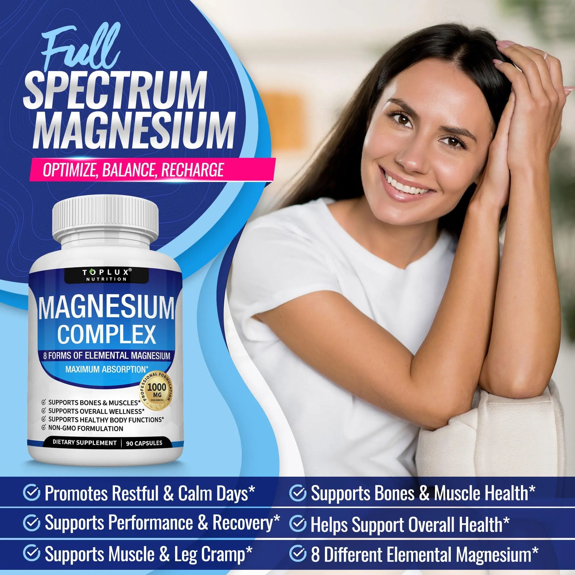Magnesium Complex Supplement 8 Elemental 1000mg - Magnesium Glycinate, Citrate, Malate, Taurate, Chelated for Easy Absorption for Bones, Muscle, Recovery, Energy, Vegan Non-GMO 90 Capsules Topluxnz supplements