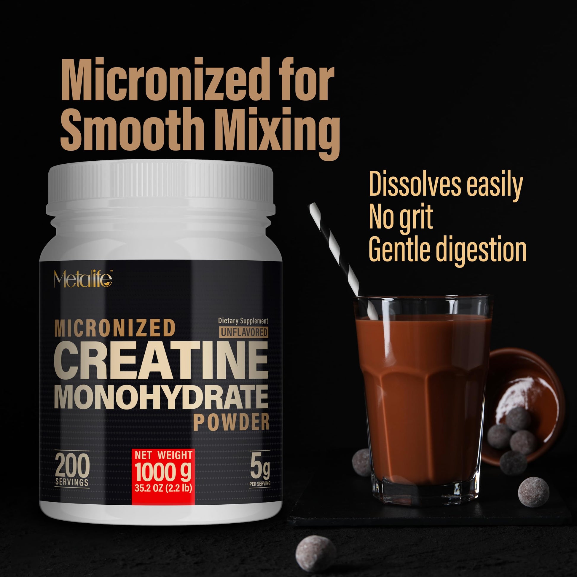 METALIFE 100% Pure Creatine Monohydrate Powder, Canada-Made, 1000 g (200 Servings) Micronized Powder, Muscle Growth, Unflavored, Ideal for Athletes & Fitness Enthusiasts, Third party lab tested, Vegan METALIFEAu supplements