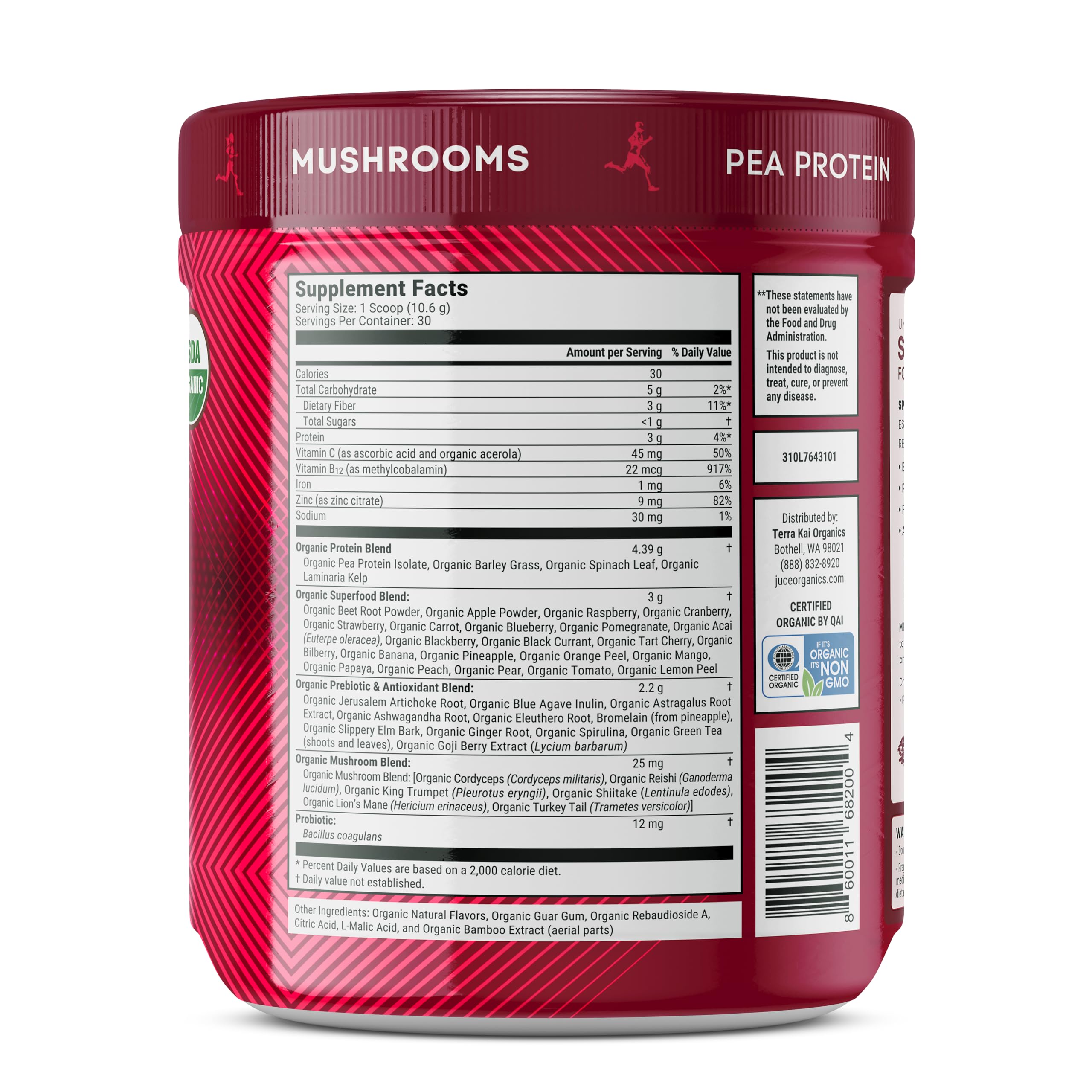 Terra Kai Organics Juce SR7 Sport Reds Organic Fruit & Veggies w/Pea Protein | 43 Superfoods, Antioxidants, Mushrooms, Beets, Herbal Adaptogens, Probiotic, Fiber, Garden Berry Flavor (30 Servings) Terra Kai OrganicsAu supplements