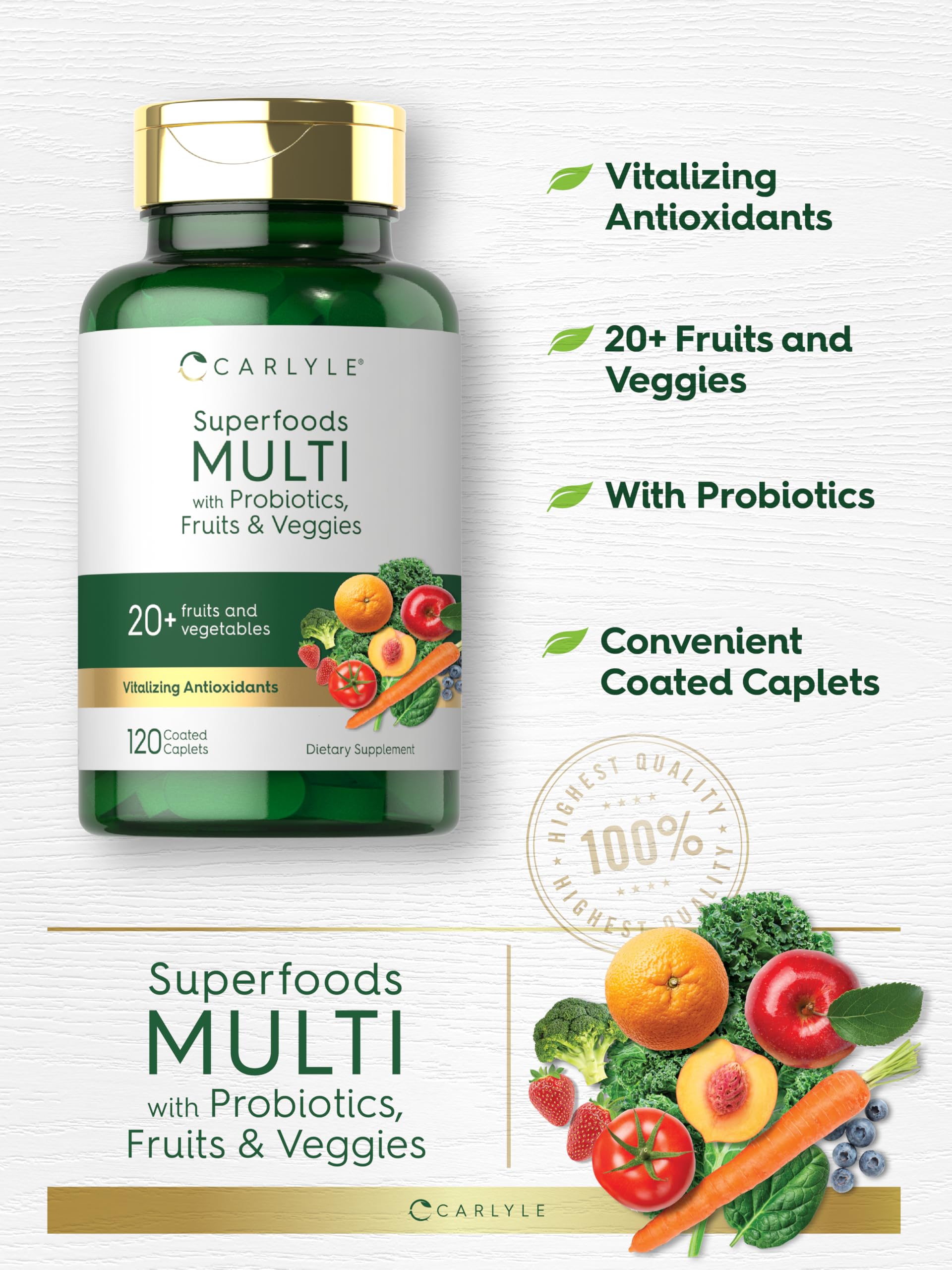 Carlyle Fruits and Veggies Supplement | 120 Count | Superfood Multivitamin with Probiotics | Made with 20 Fruits and Vegetables | Non-GMO & Gluten Free CarlyleAu supplements