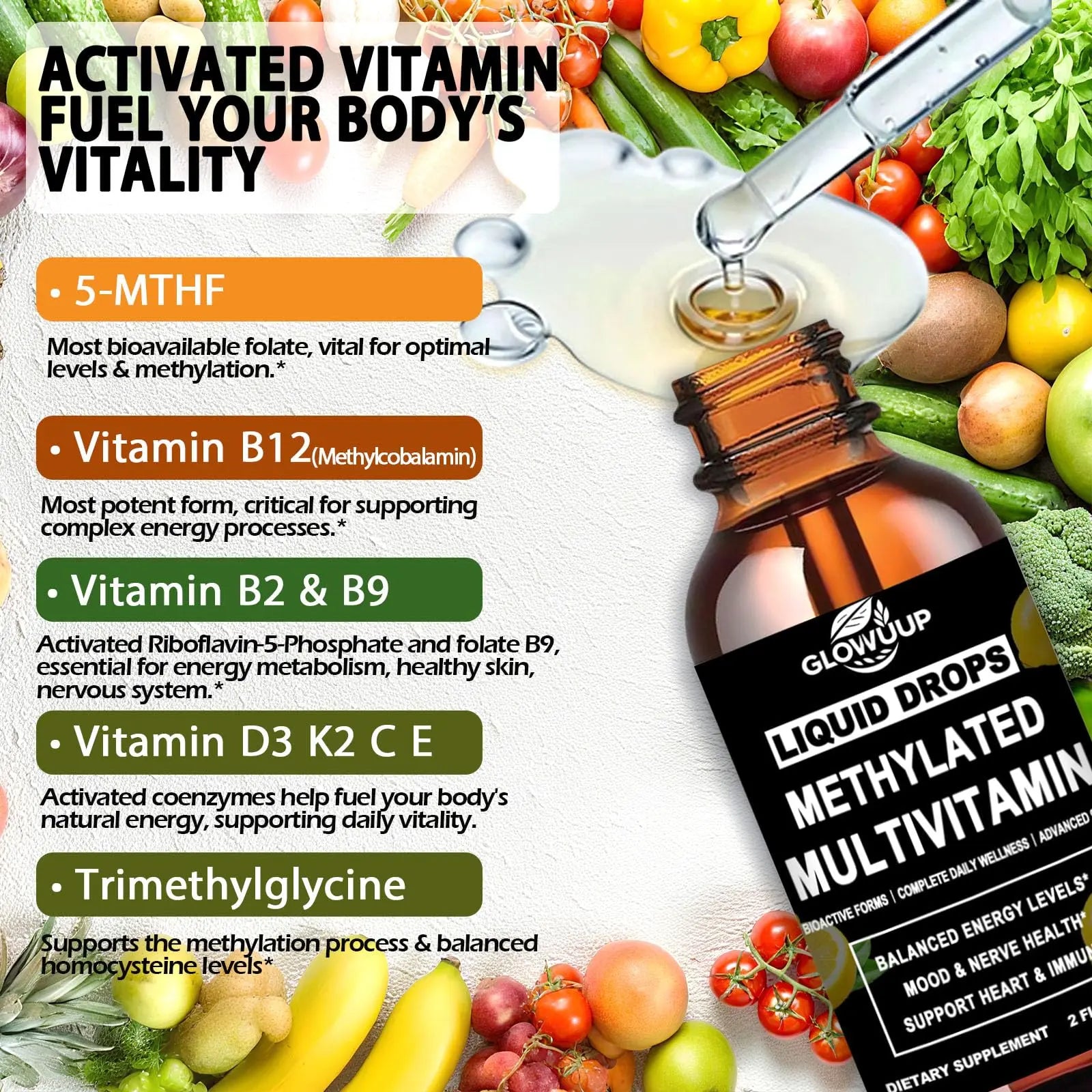 Multivitamin for Women & Men, Methylated Multivitamins & Multiminerals liquid Drops with Methylfolate B12 B2 Vitamin C E D3 K2 GLOVVUUPAu supplements