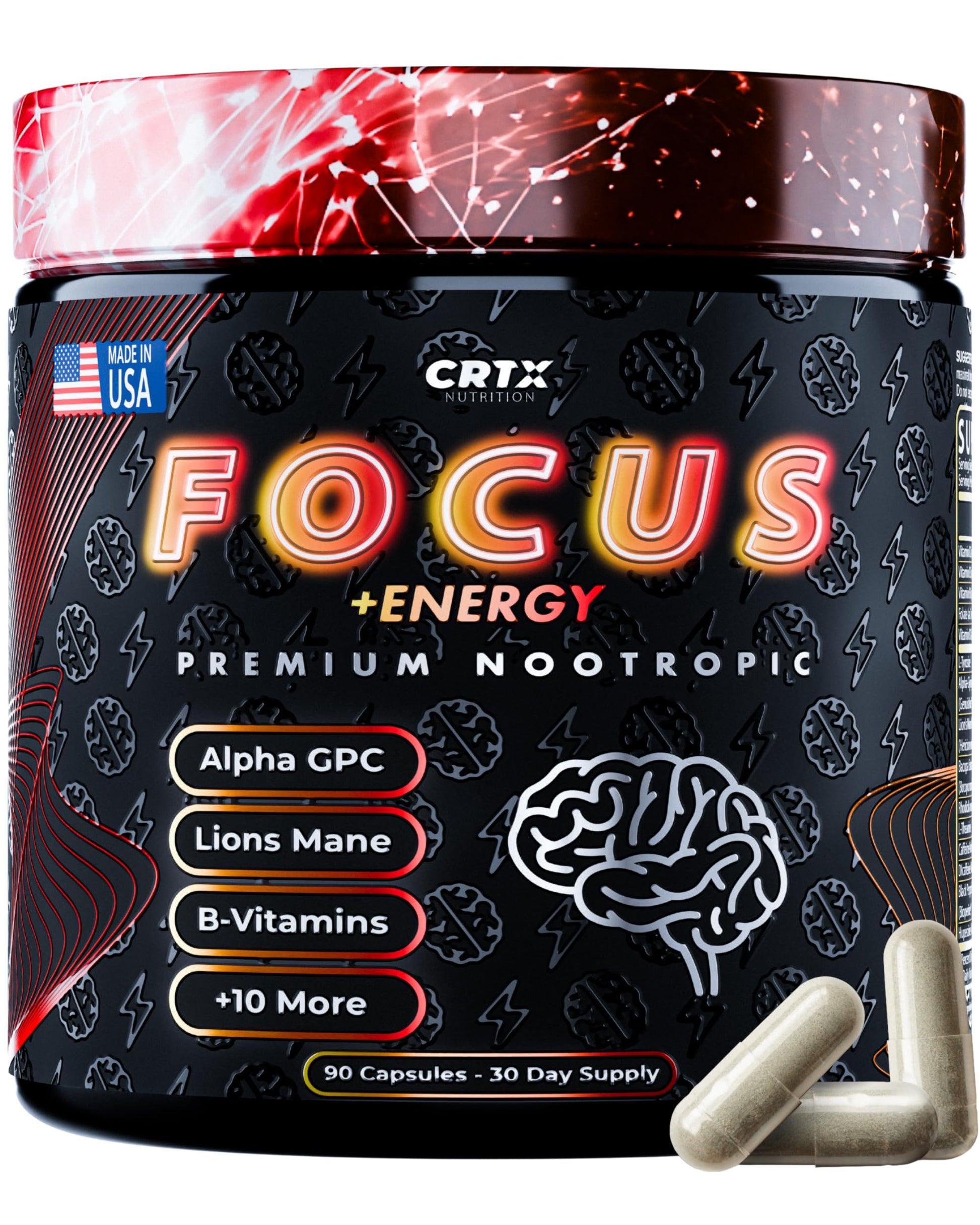 Nootropic Strongest Focus Supplement - Clinically Backed Ingredients Made in USA - Scientifically Backed Doses - Supplement for Brain Fog - AlphaGPC, Lions Mane, Rhodiola and More 10:1 90 Capsules CRTX NutritionAu supplements