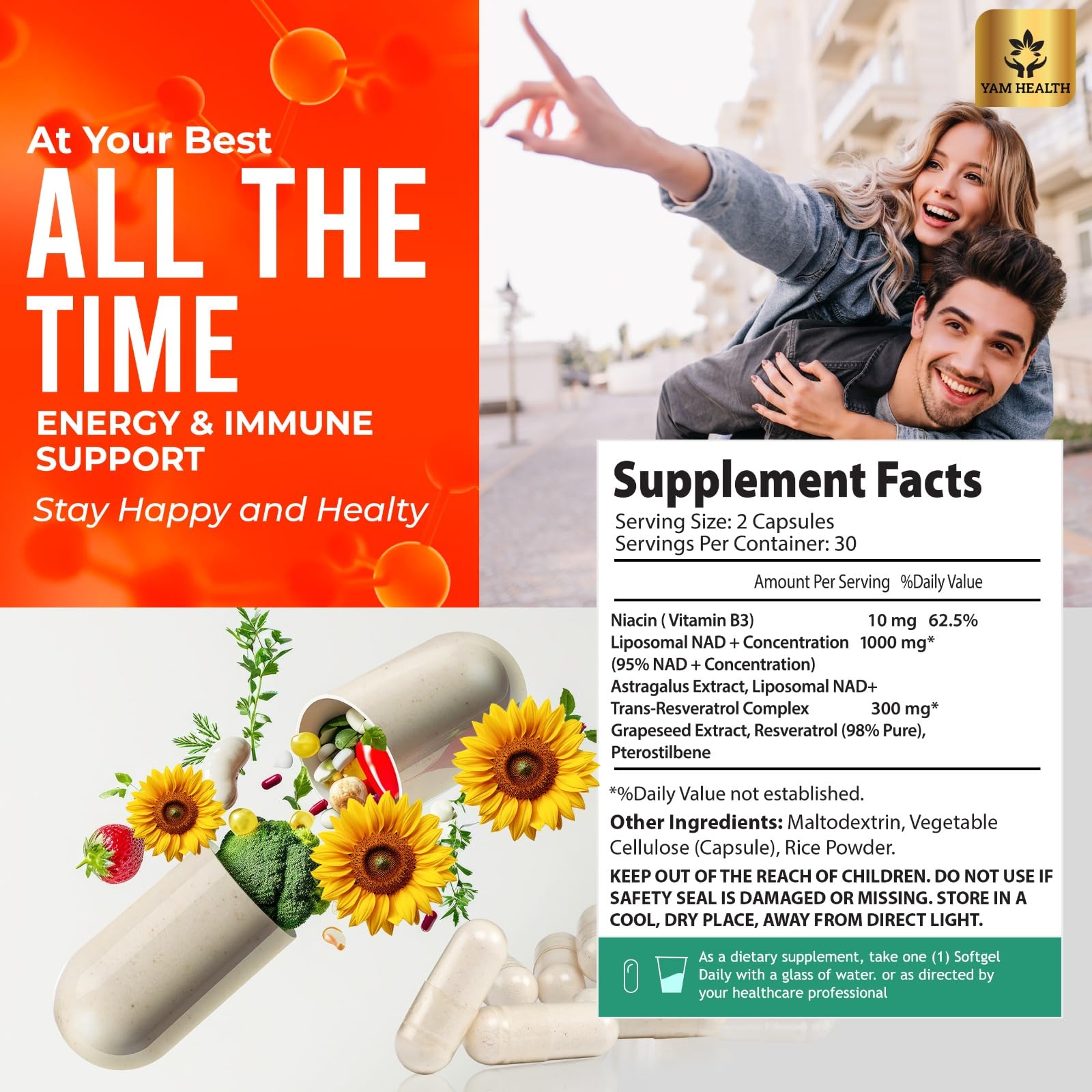 YAM Health Liposomal NAD Nicotinamide Riboside Equivalent with Trans-Resveratrol 300mg, Premium Halal NAD Supplement for Energy Metabolism, DNA Repair and Longevity, Vegan, Non-GMO (60 Count) YAM HealthAu supplements
