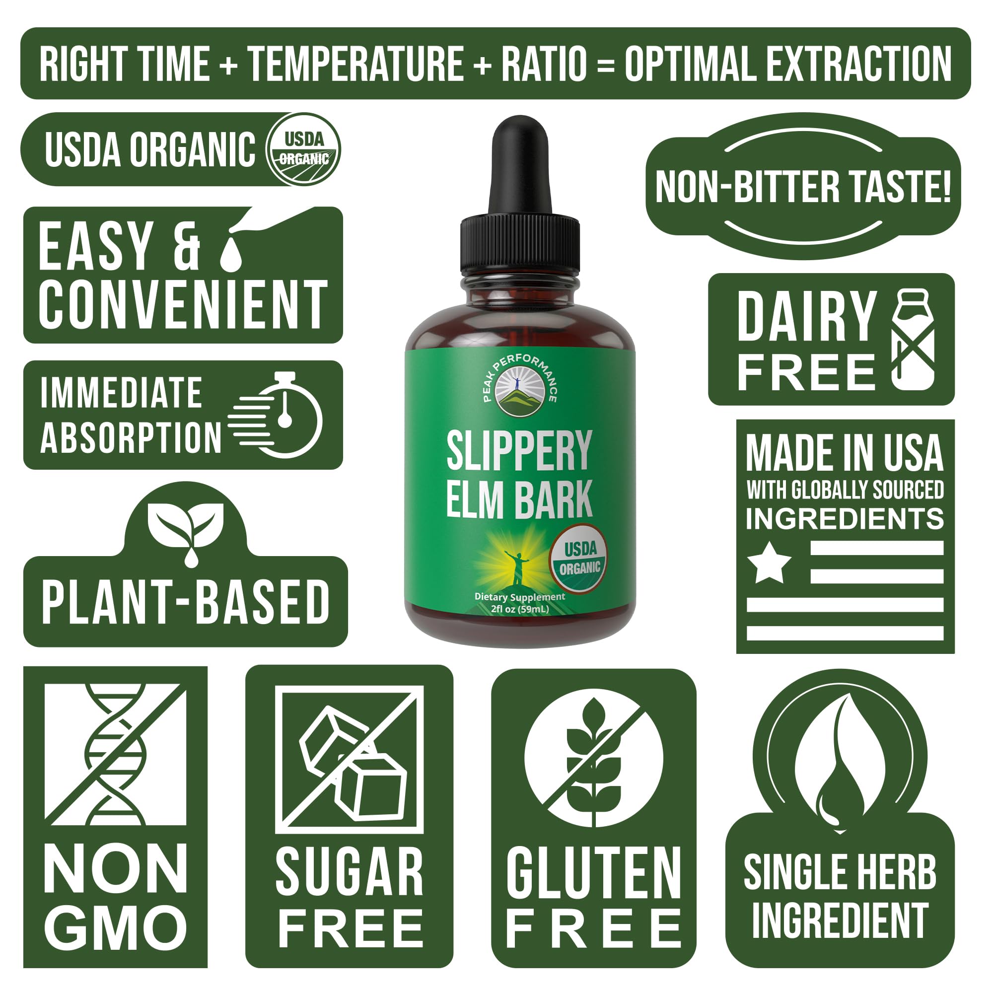 Slippery Elm Bark USDA Organic Vegan Liquid Drops. Extract with High Bioavailability for Women, Men, Kids. for Sore Throat, Irritated Stomach. Zero Sugar, Gluten Free, Tincture Supplement No Capsules Peak PerformanceAu supplements