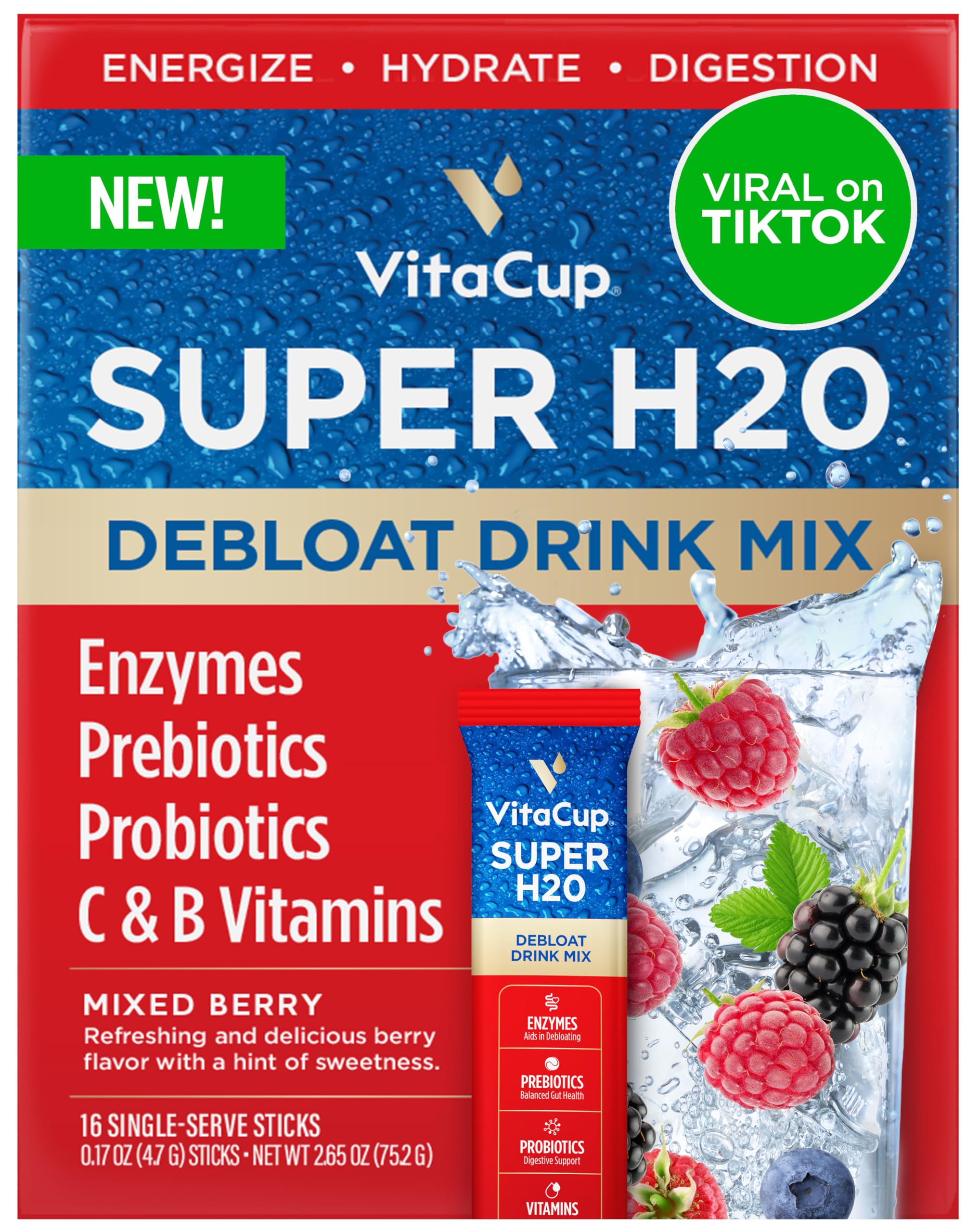 VitaCup Super H2O Bloating Relief and Digestive Health Drink Mix Packets, Probiotics, Prebiotics, C & B Vitamins, Mixed Berry Flavor Water Enhancer Packets, 16Ct VitaCupAu supplements