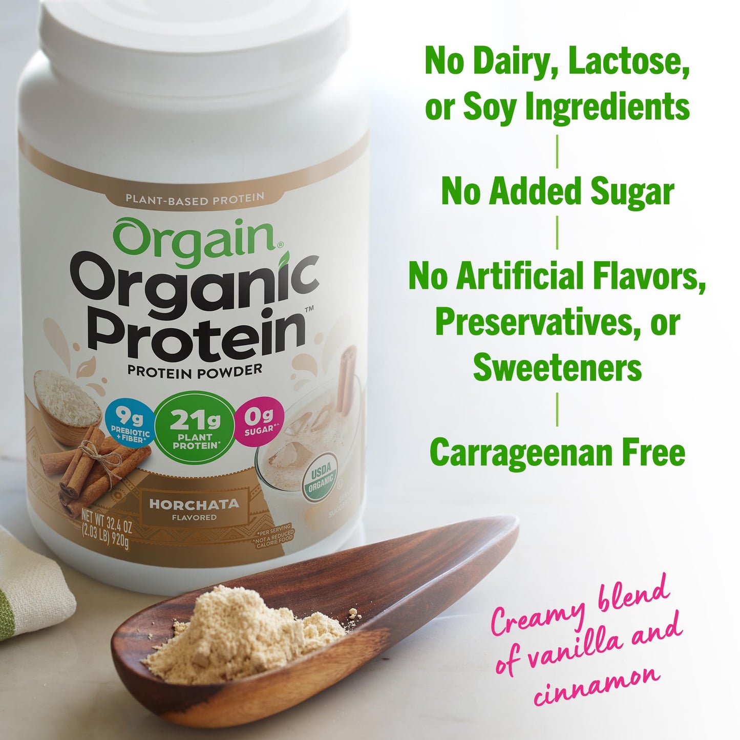 Orgain Organic Vegan Protein Powder, Horchata - 21g of Plant Based Protein, Low Net OrgainUS supplements