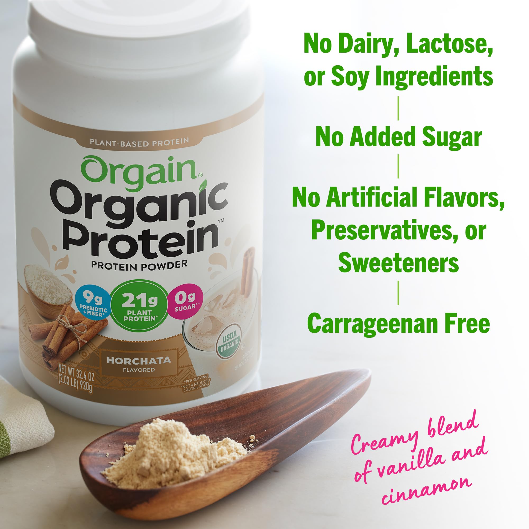Orgain Organic Vegan Protein Powder, Horchata - 21g of Plant Based Protein, Low Net OrgainUS supplements