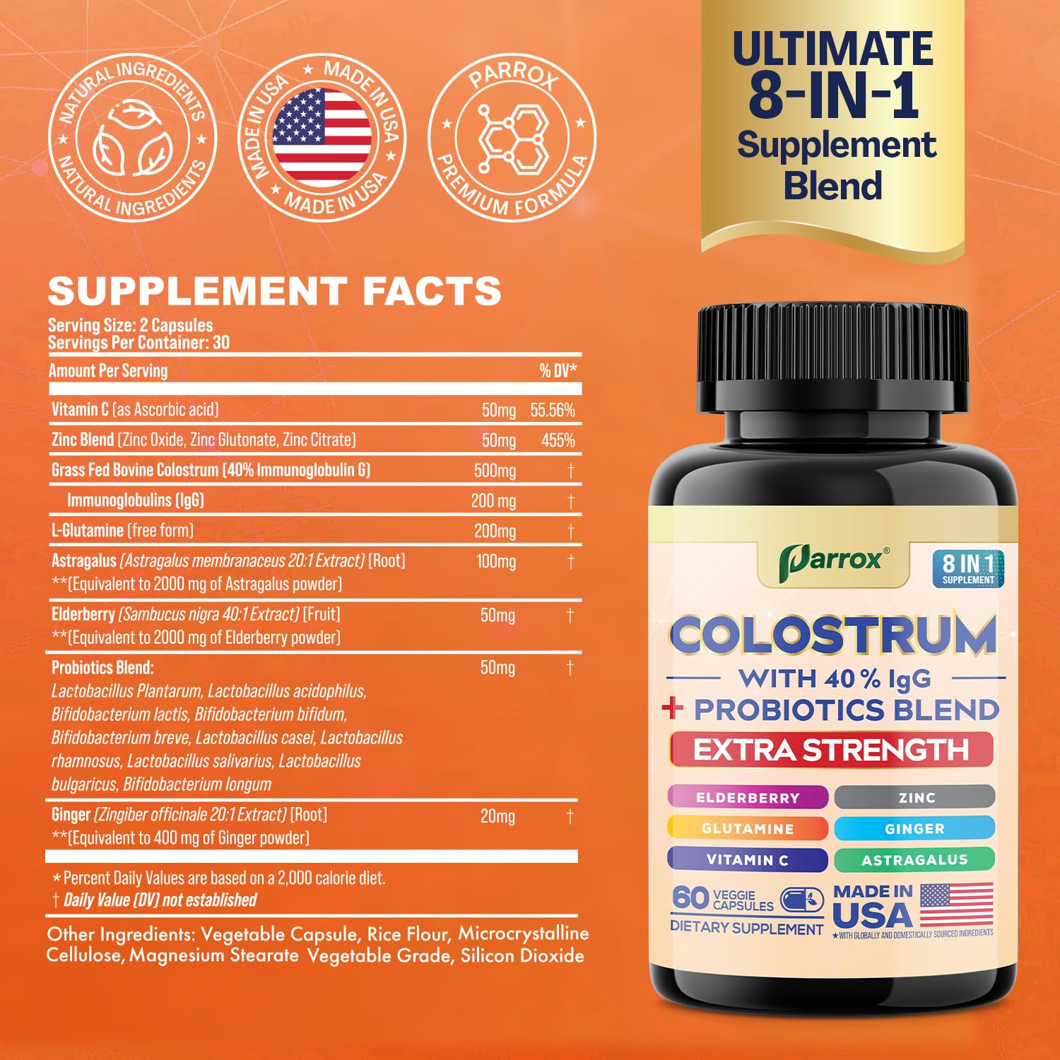 Parrox Colostrum Supplement Capsules, Grass Fed Cow Colostrum with 40% IgG, Probiotics Blend, Elderberry, Astragalus, Zinc, Ginger, Vitamin C, L-Glutamine, 8 in 1 Extra Strength Bovine Boost (60 Caps) ParroxAu supplements