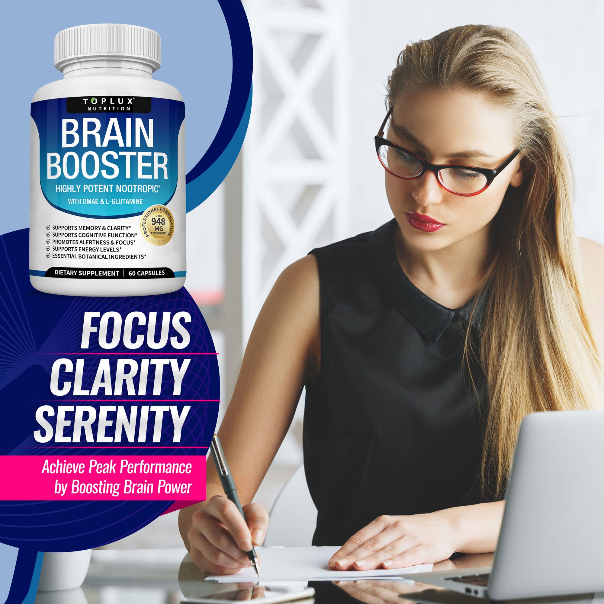 Toplux Brain Supplement Nootropic – Brain Pills Vitamin with DMAE, Bacopa Monnieri, L-Gutamine, for Men Women, 60 Capsules, Nutrition TopluxAu supplements