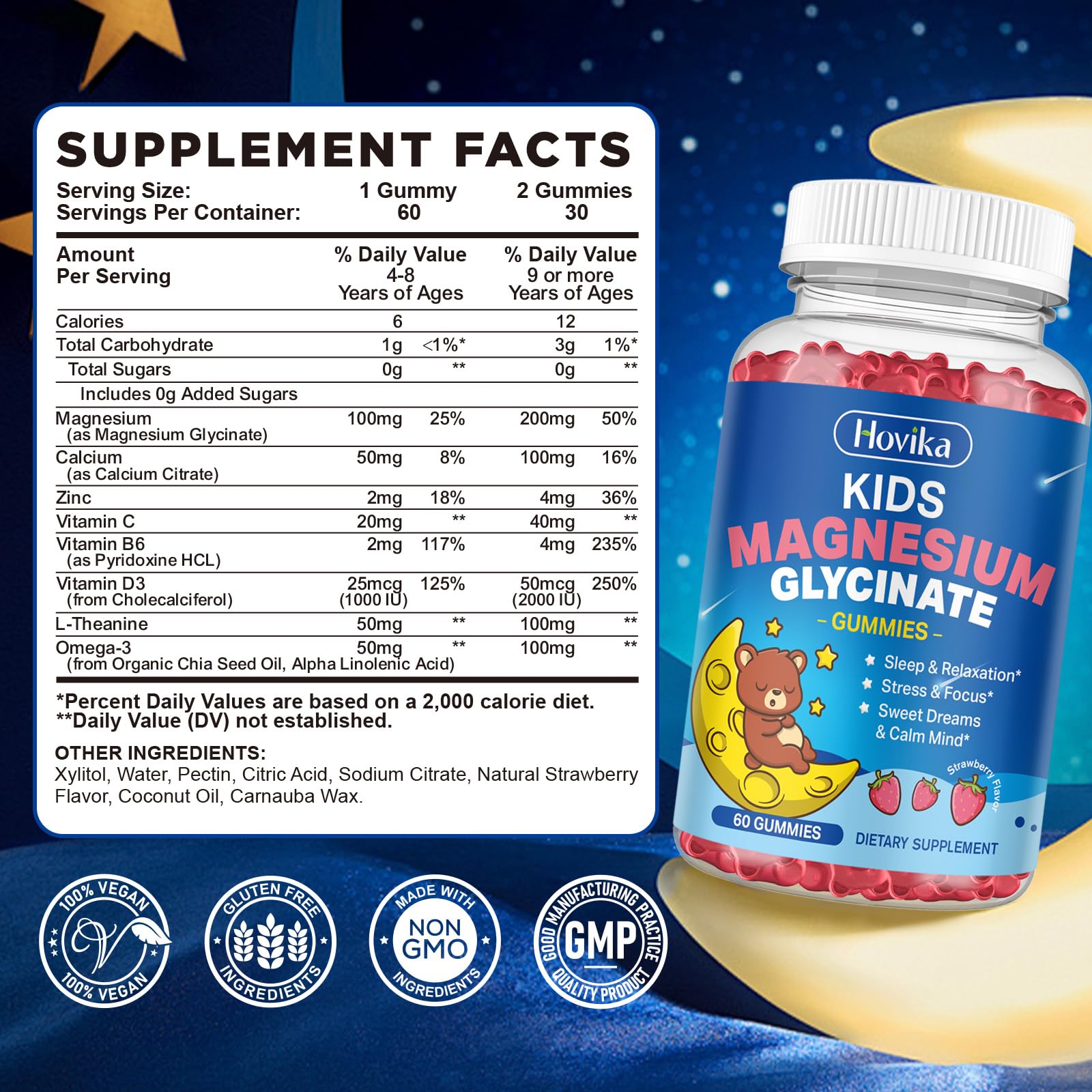 Magnesium Glycinate Gummies for Kids - with L-Theanine, Omega-3, Vitamin B6, D3, Zinc - Kids Magnesium Gummies for Sleep, Relaxation, Calm & Focus - Sugar Free Strawberry 60ct HovikaAu supplements