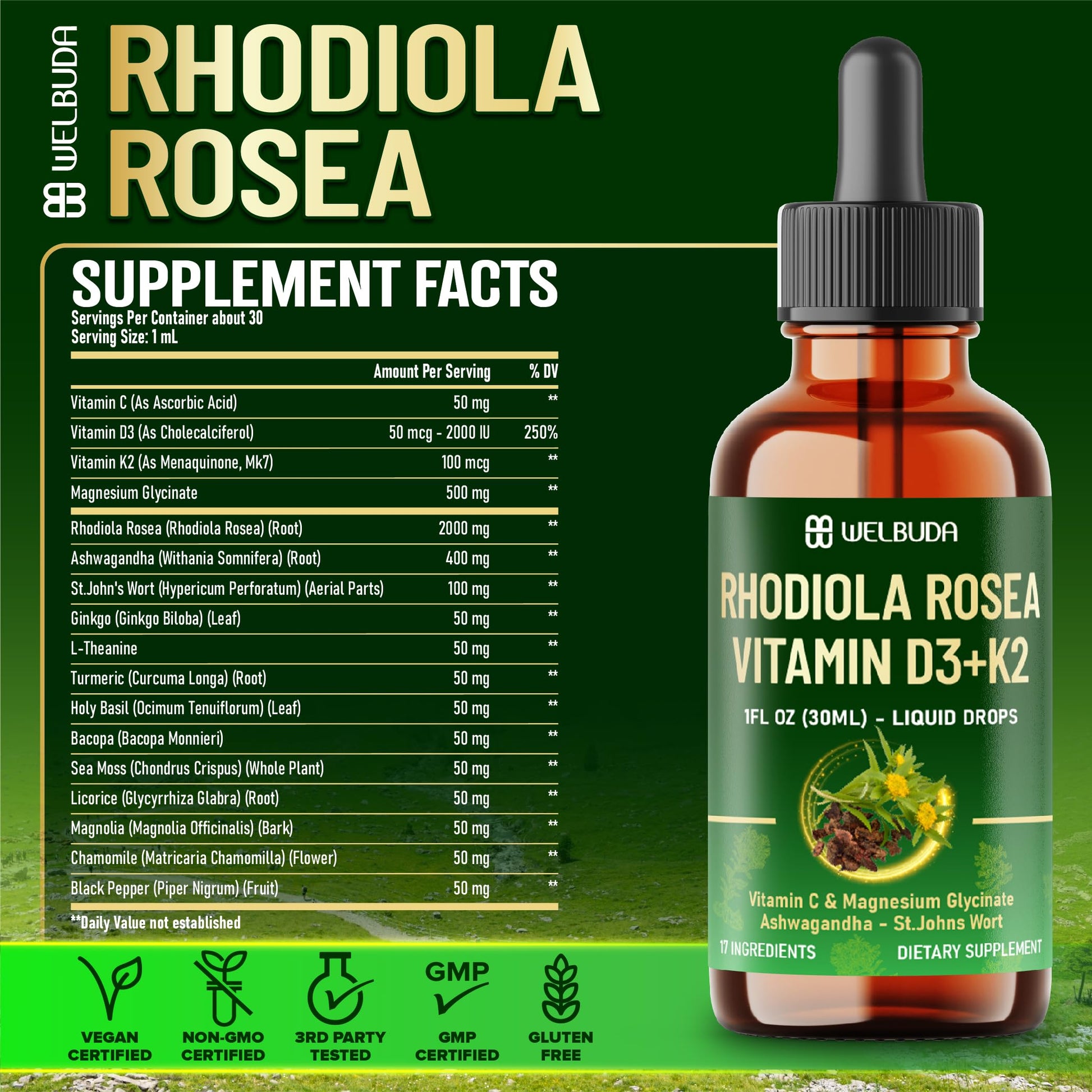 17in1 Rhodiola Rosea Liquid Supplement with Ashwagandha, Magnesium Glycine, L-Theanine, Vitamin C, Vitamin D3, Vitamin K2, Ginkgo, Turmeric, Holy Basil and More - 1 FL Oz - 60 Day Supply WELBUDAAu supplements