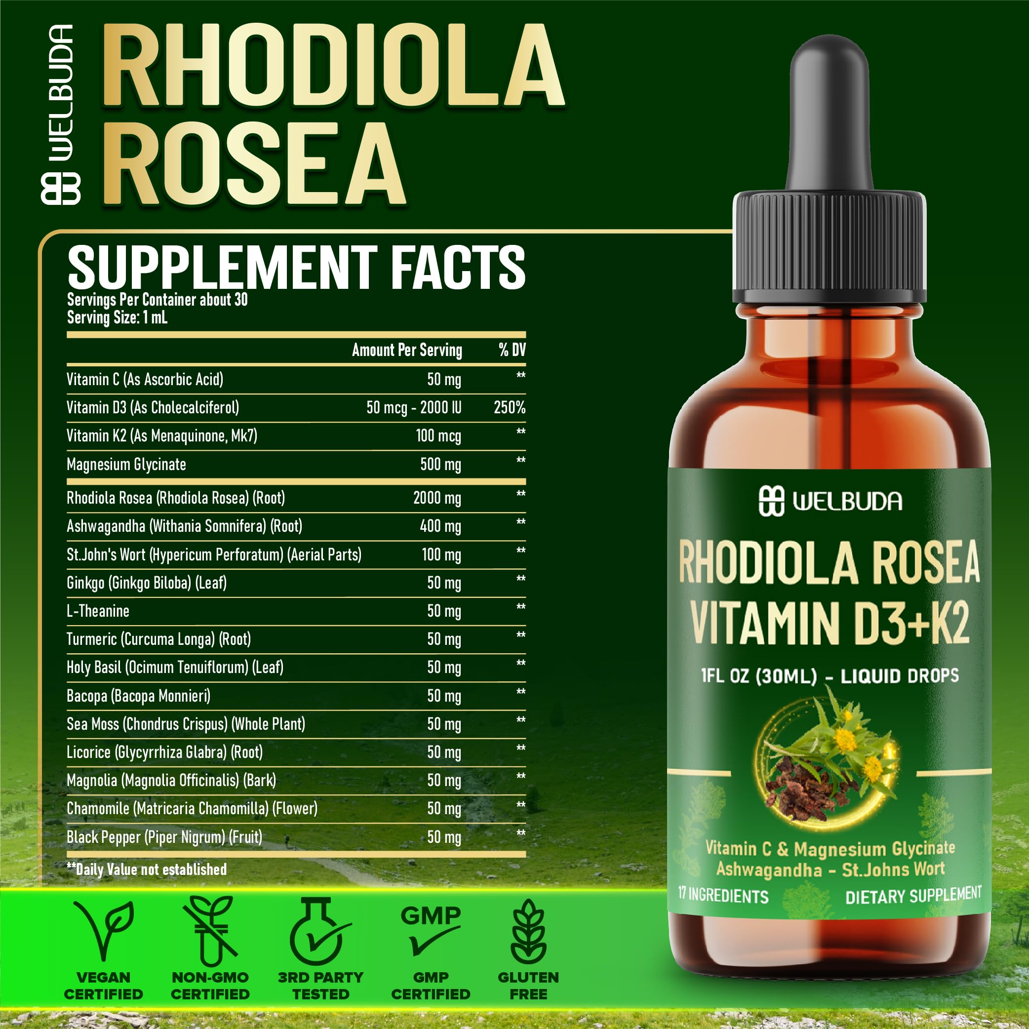17in1 Rhodiola Rosea Liquid Supplement with Ashwagandha, Magnesium Glycine, L-Theanine, Vitamin C, Vitamin D3, Vitamin K2, Ginkgo, Turmeric, Holy Basil and More - 1 FL Oz - 60 Day Supply WELBUDAAu supplements