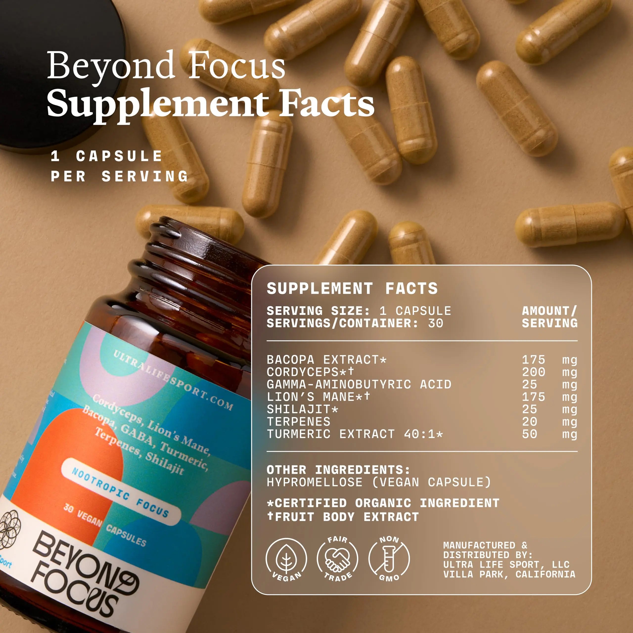 Ultra Life Sport - Beyond Focus Organic Mushroom Supplement - 30 Capsule Brain Supplements for Memory and Focus - 100% Vegan, Non-GMO - Memory Booster with Bacopa, Cordyceps, & Lion’s Mane Ultra Life Sportnz supplements