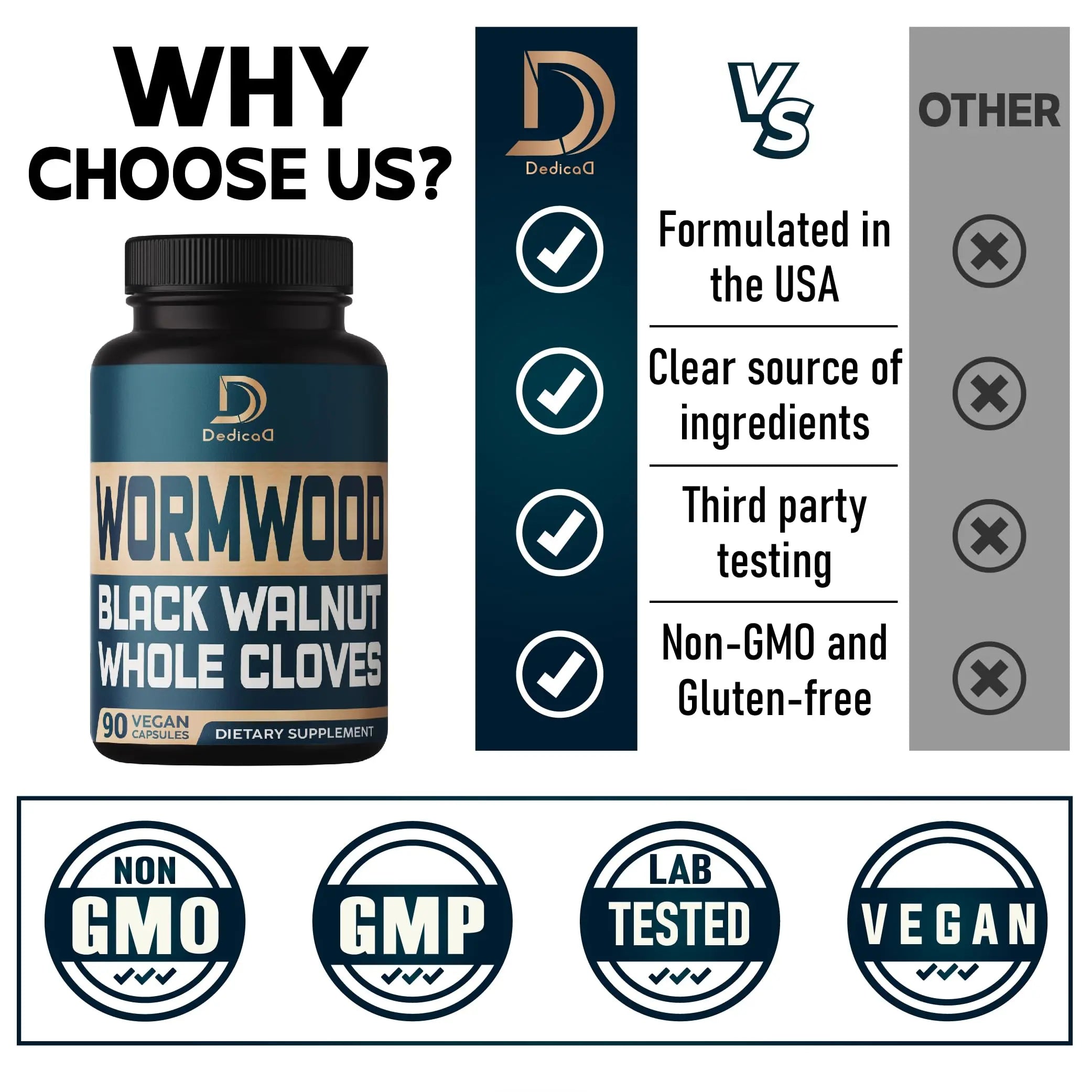 DEDICAD 12in1 Wormwood Black Walnut Clove Capsules - Immune, and Mood Support - 3 Month Supply - 90 Vegan Capsules DEDICADnz supplements