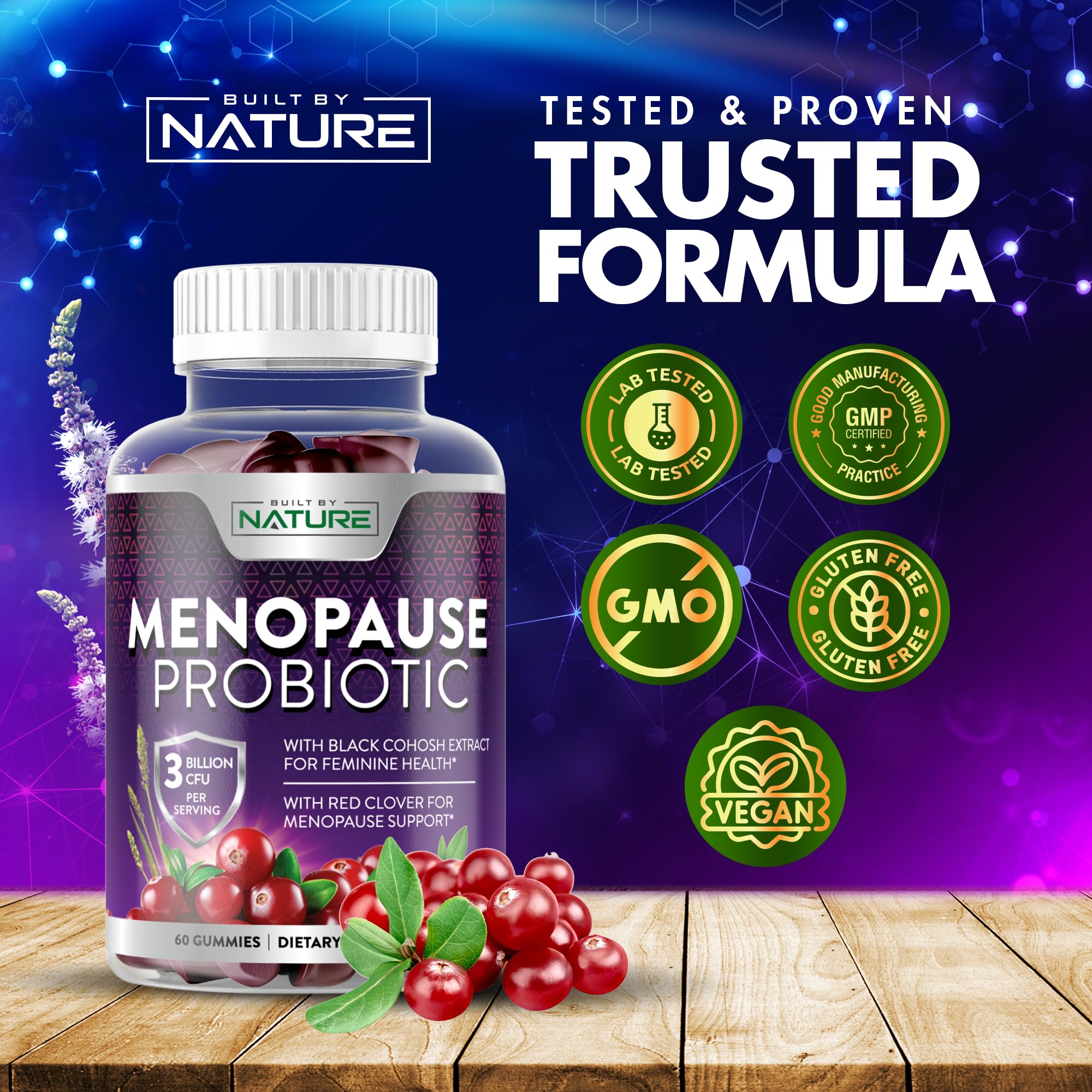 Menopause Supplements for Women - Menopause Probiotic Gummy - Women’s Menopause Relief for Hot Flashes, Night Sweats & Mood Swings with Black Cohosh & Cranberry - Non-GMO, Vegan - 60 Gummies Built by NatureAu supplements