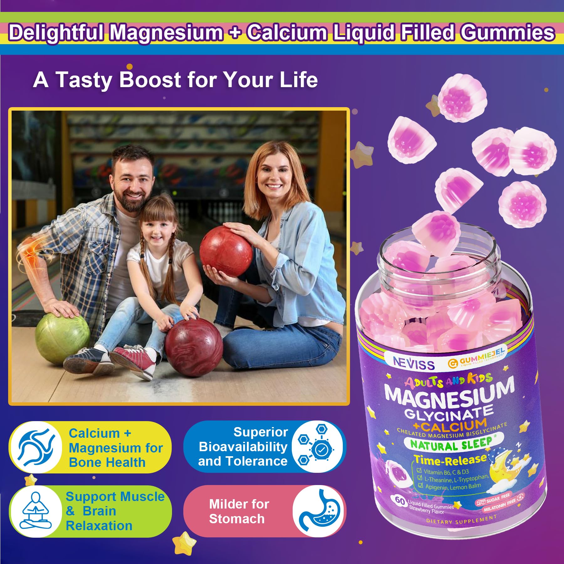 Neviss Magnesium Glycinate + Calcium Filled Gummies for Adults and Kids 4+, Kids Sleep Gummies Melatonin Free, No Sugar Magnesium Supplement w/B6 D3, L-Theanine for Zzz Relax, Brain,Bone,Muscle 2Pack NEVISSAu supplements
