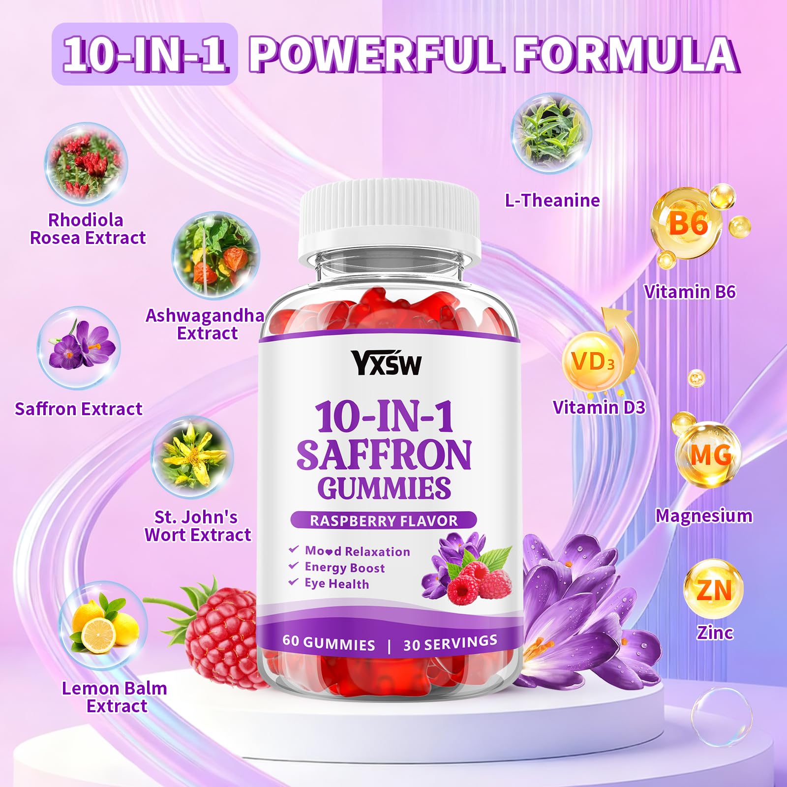YXSW Saffron Gummies, Saffron Supplements for Kids & Adults with Ashwagandha, L-Theanine, Lemon Balm, Vitamin D3, B6, Magnesium & Zinc - Support Focus, Relaxation, Raspberry Flavor, 120 Count YXSWAu supplements
