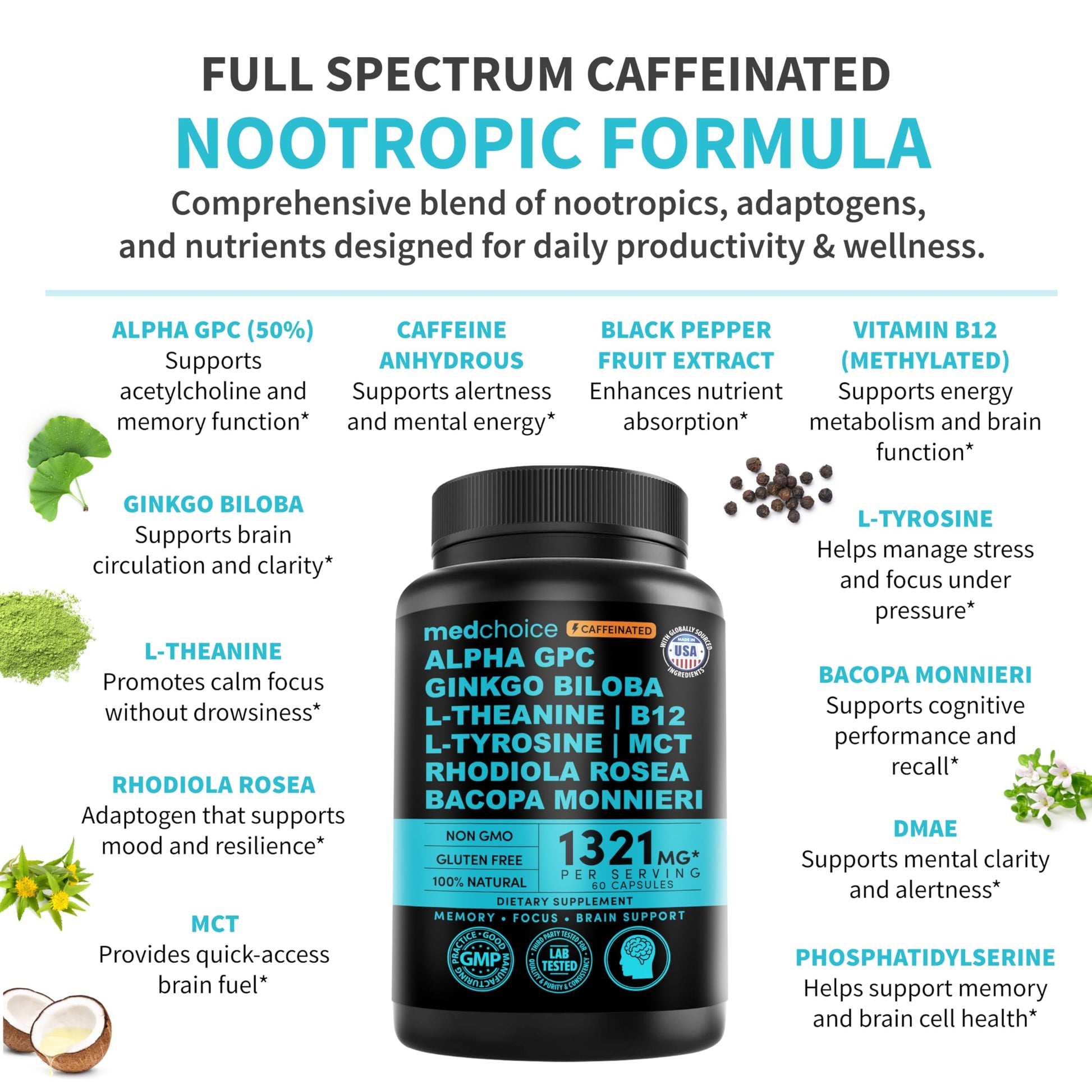 12-in-1 Nootropic Brain Supplement with Caffeine Anhydrous: Ginkgo Biloba for Brain Support, Memory and Focus - B12, Alpha GPC, L Theanine and Choline Supplements with Bioperine with 1321mg (60ct) MEDCHOICEAu supplements
