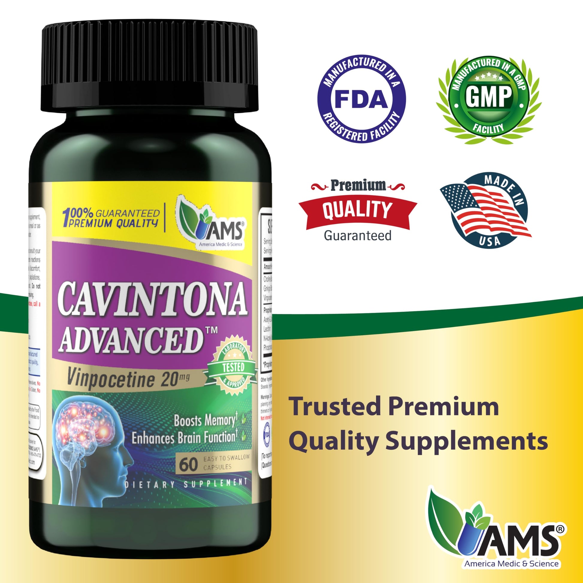 America Medic & Science Cavintona Advanced Supplement – Vinpocetine 20mg for Memory, Recall & Brain Health – Supports Cognitive Function, Focus, Mental Clarity & Blood Flow – 60 Capsules America Medic & ScienceAu supplements