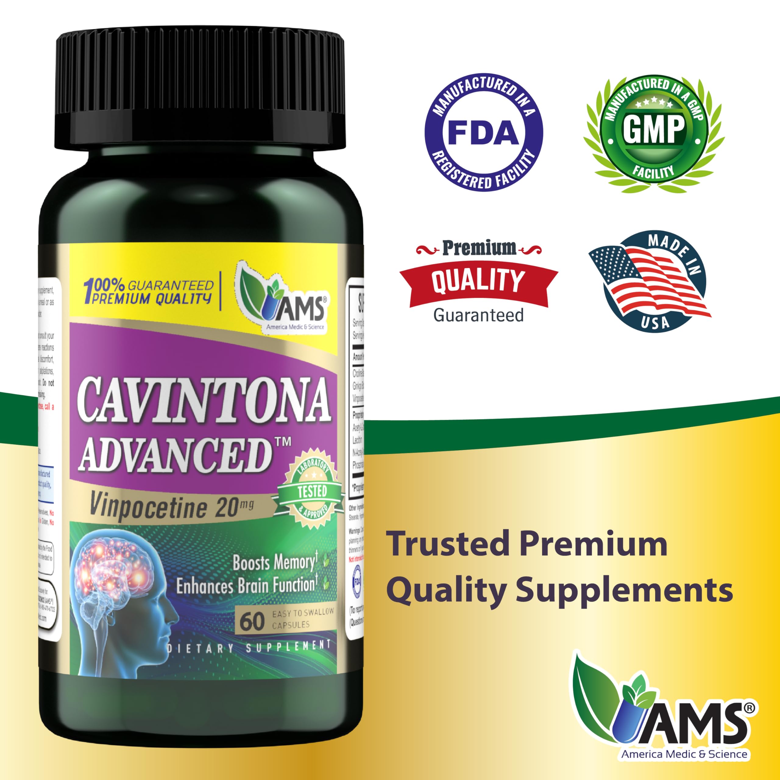 America Medic & Science Cavintona Advanced Supplement – Vinpocetine 20mg for Memory, Recall & Brain Health – Supports Cognitive Function, Focus, Mental Clarity & Blood Flow – 60 Capsules America Medic & ScienceAu supplements