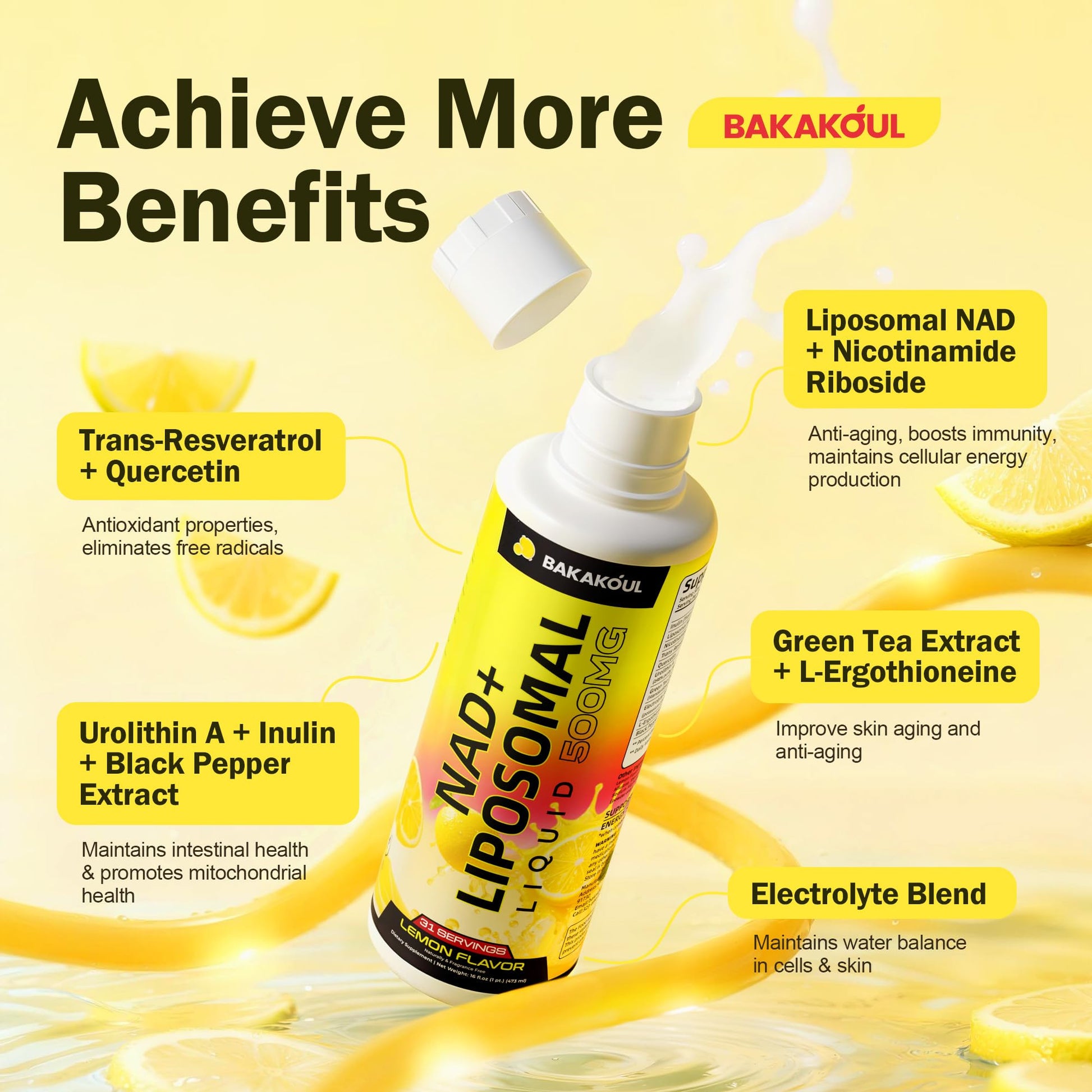 Liposomal NAD+ Liquid Supplement - Designed to Help Support Absorption - Nhanced Cellular Uptake, Helps Support Normal Cellular Health, Supports Cellular Energy Metabolism and Vitality - Lemon Flavor BAKAKOULAu supplements