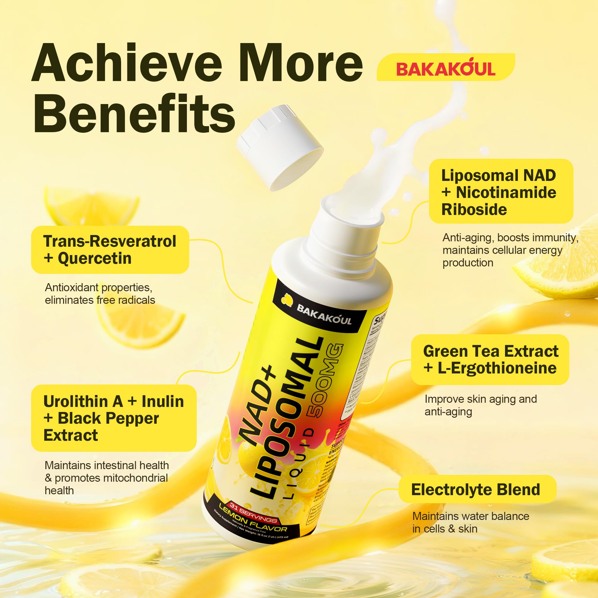 Liposomal NAD+ Liquid Supplement - Designed to Help Support Absorption - Nhanced Cellular Uptake, Helps Support Normal Cellular Health, Supports Cellular Energy Metabolism and Vitality - Lemon Flavor BAKAKOULAu supplements