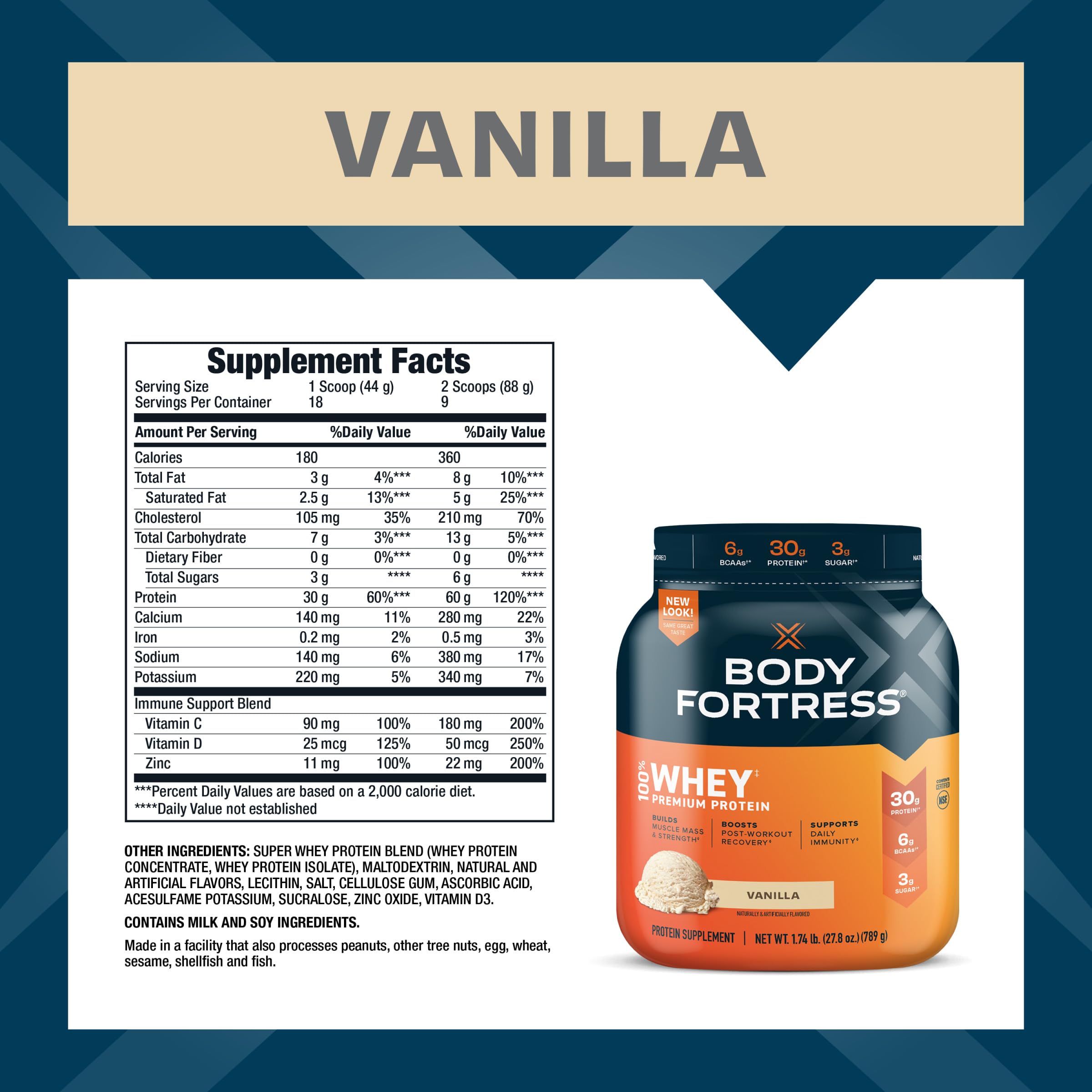Body Fortress 100% Whey, Premium Protein Powder, Vanilla, 1.74lbs (Packaging May Vary) Body FortressUS supplements