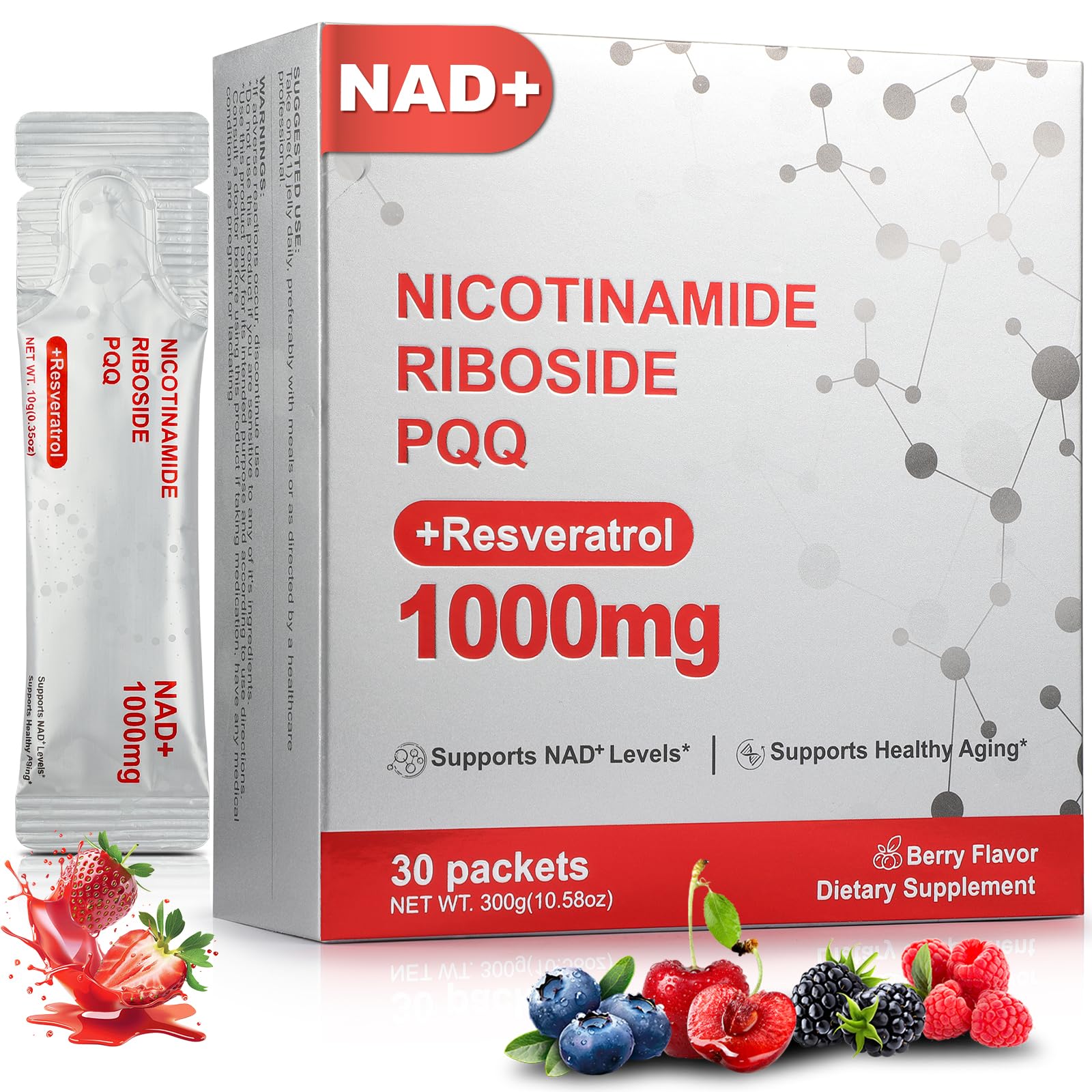 Zooone NAD+ Liquid Supplement 1000mg, Nicotinamide Riboside & Resveratrol, Extra Strength Berry Flavor Drink Mix for Energy, Focus & Anti-Aging -30 Pack ZoooneAu supplements